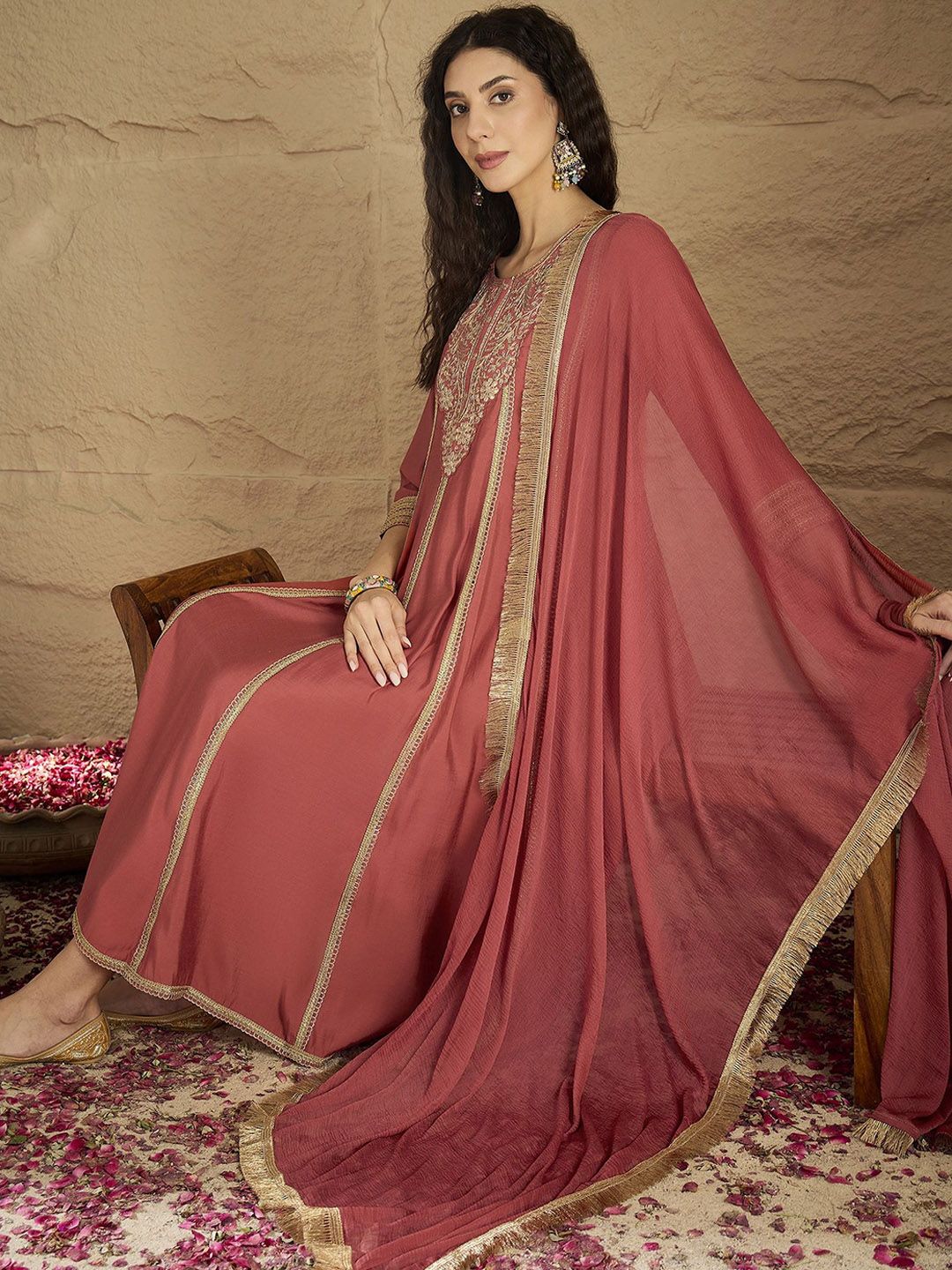 Dhiyona VA Women's Ethnic Motifs Embroidered Panelled Kurta with Trousers & Dupatta