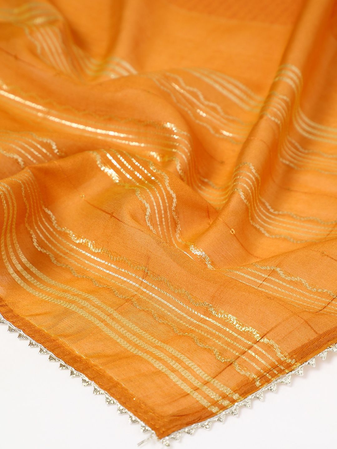 Dhiyona SO Women's Orange Floral Printed Round Neck Regular Sequinned Tissue Kurta & Trouser & Dupatta