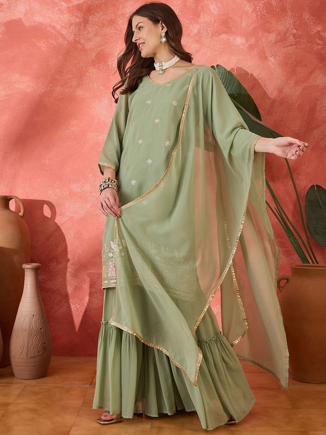 Dhiyona SN Women's Ethnic Motifs Embroidered V-Neck Kurta & Sharara With Dupatta
