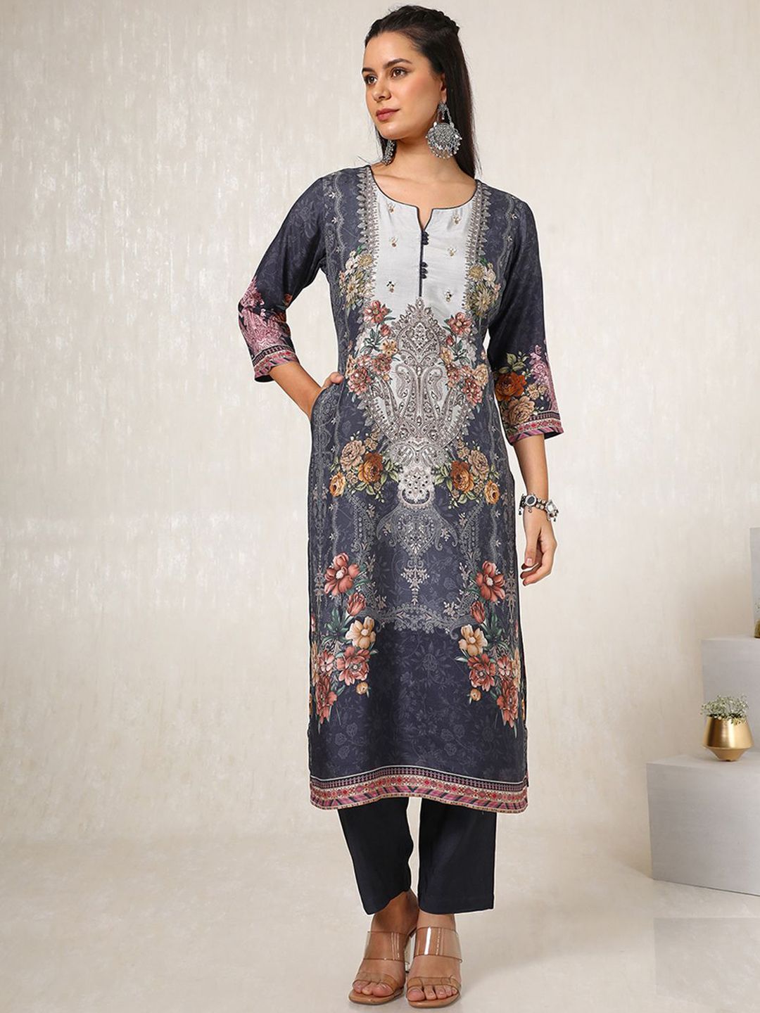 Dhiyona SO Women's Floral Printed Straight Kurta with Trousers & Dupatta