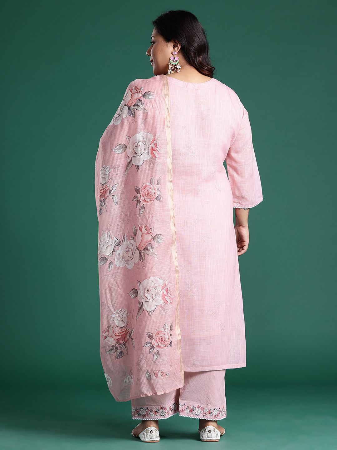 Pink Embroidered Straight Kurta With Trousers & Dupatta