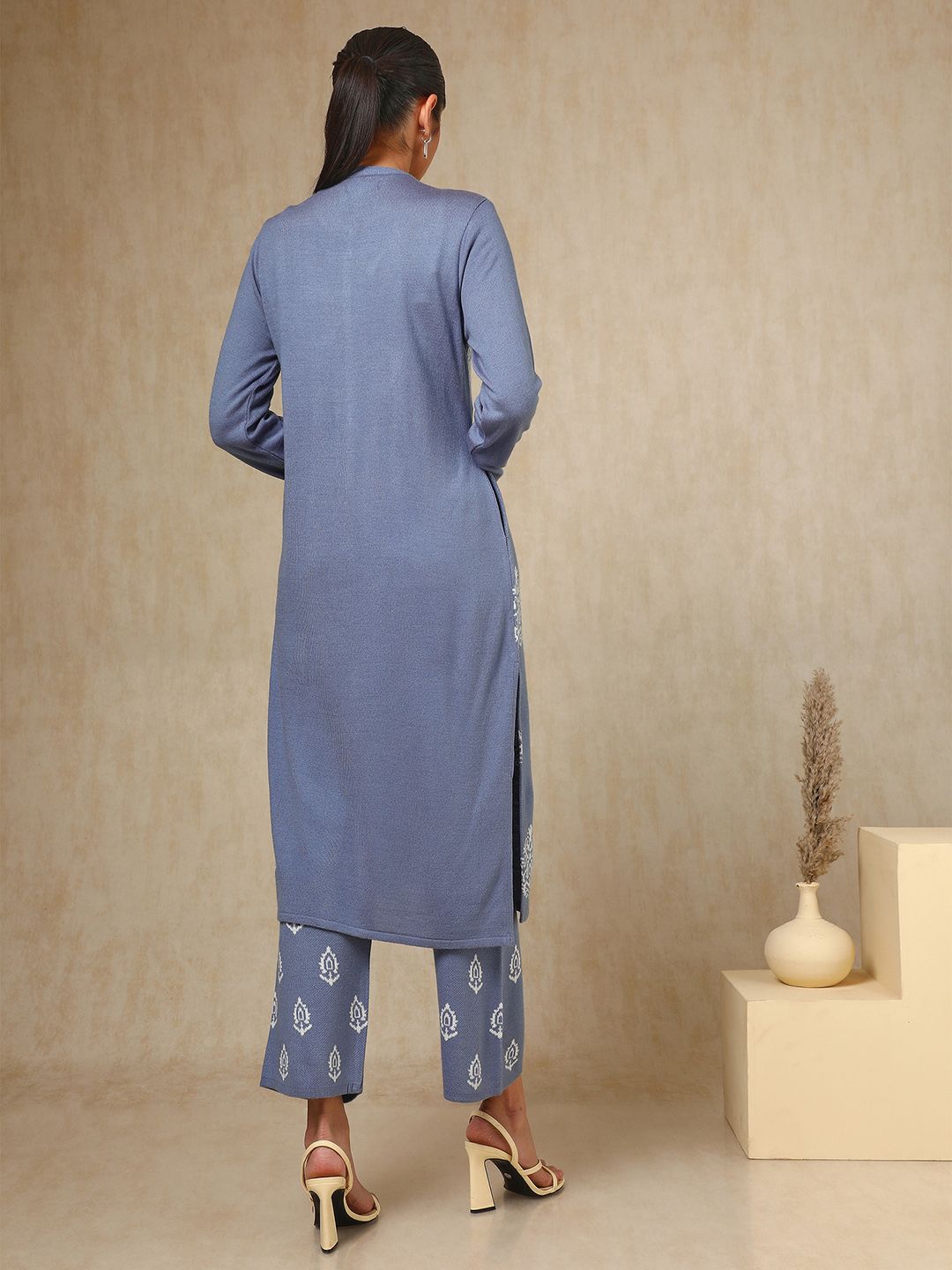 Dhiyona SO Women's Blue Ethnic Motifs Woven Design Acrylic Straight Kurta With Trouser