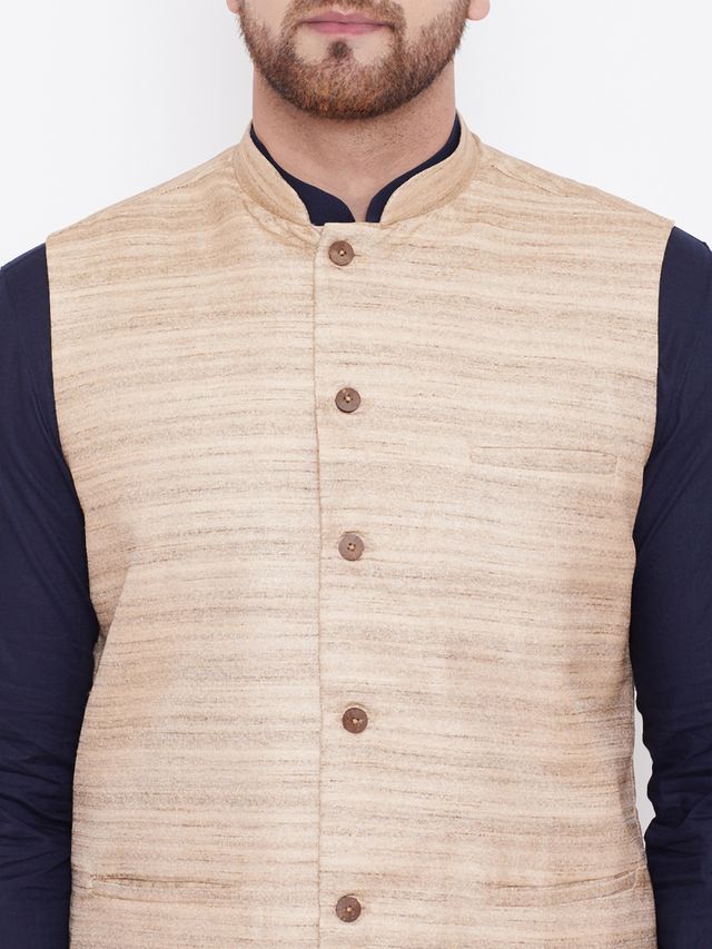Men's Navy Blue Cotton Blend Straight Jacket Kurta and Pyjama Set