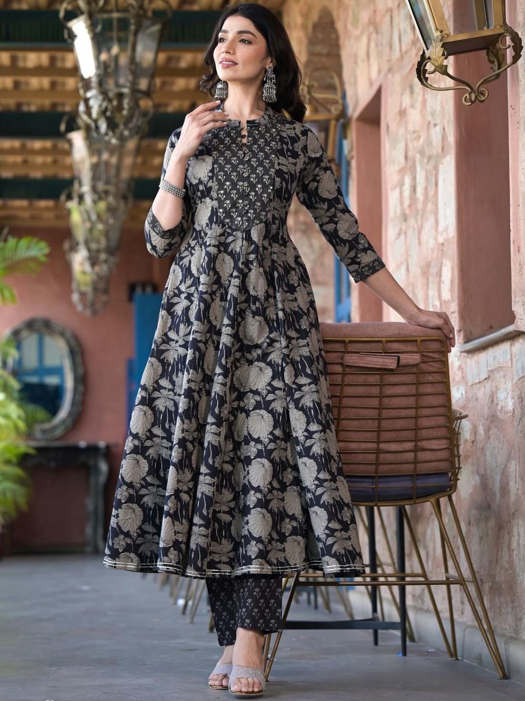 Dhiyona VA Women's Floral Printed Panelled Mirror Work Kurta with Trousers & With Dupatta