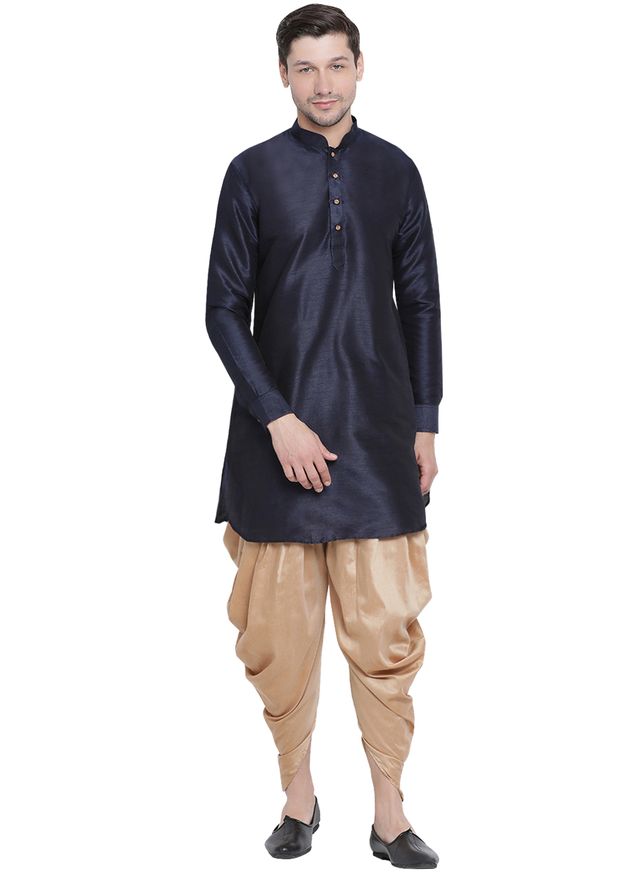Men's Dark Blue Silk Blend Pathani Kurta and Dhoti Set
