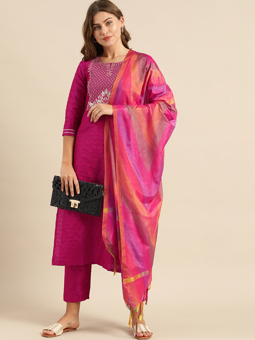Dhiyona VR Women's Magenta Zari And Gota Patti Embroidery Kurta With Trouser With Multi Color Silk Dupatta