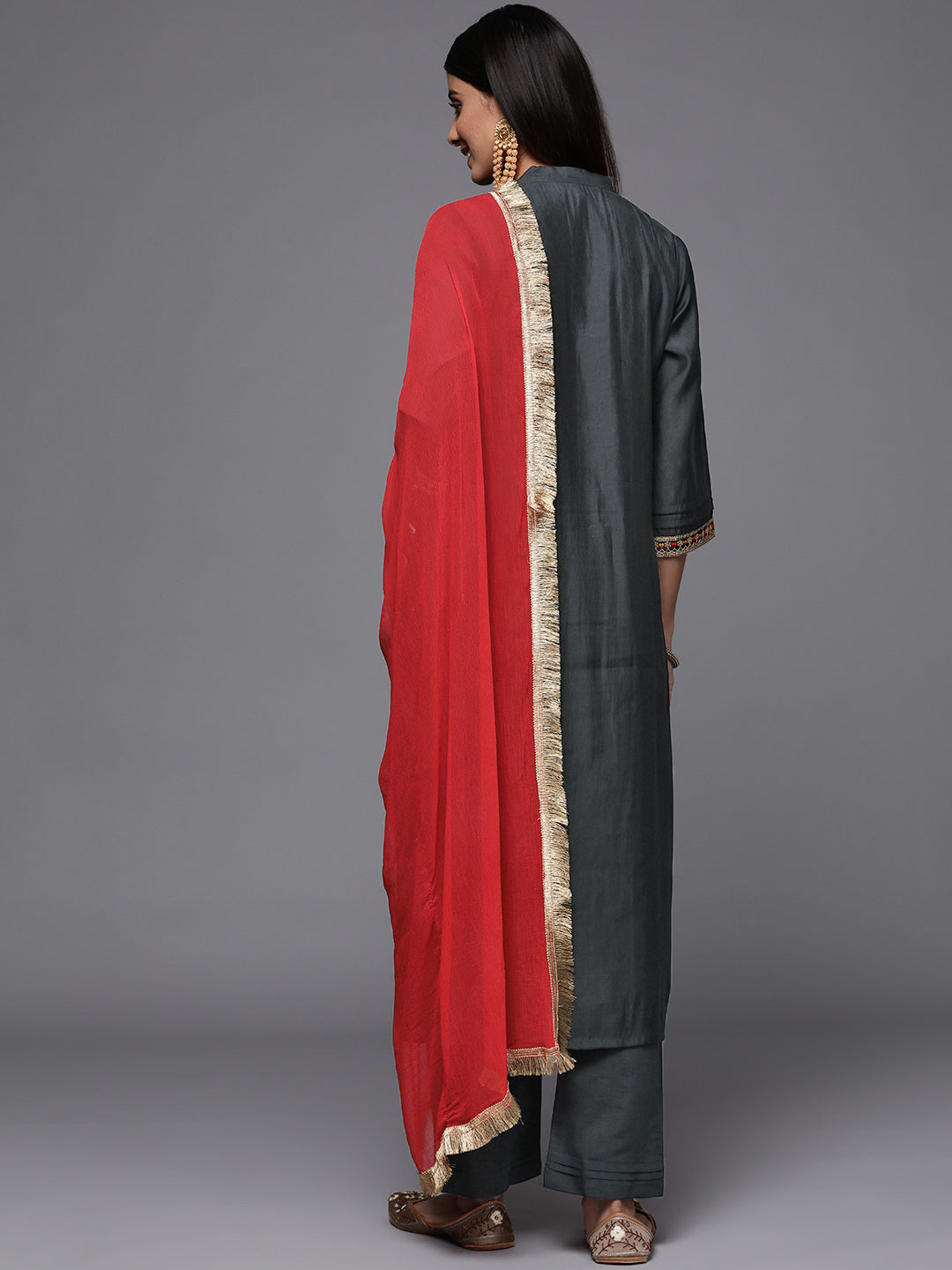 Dhiyona VR Women's Grey Embroidered Kurta Paired With Tonal Bottom And Contrast Dupatta