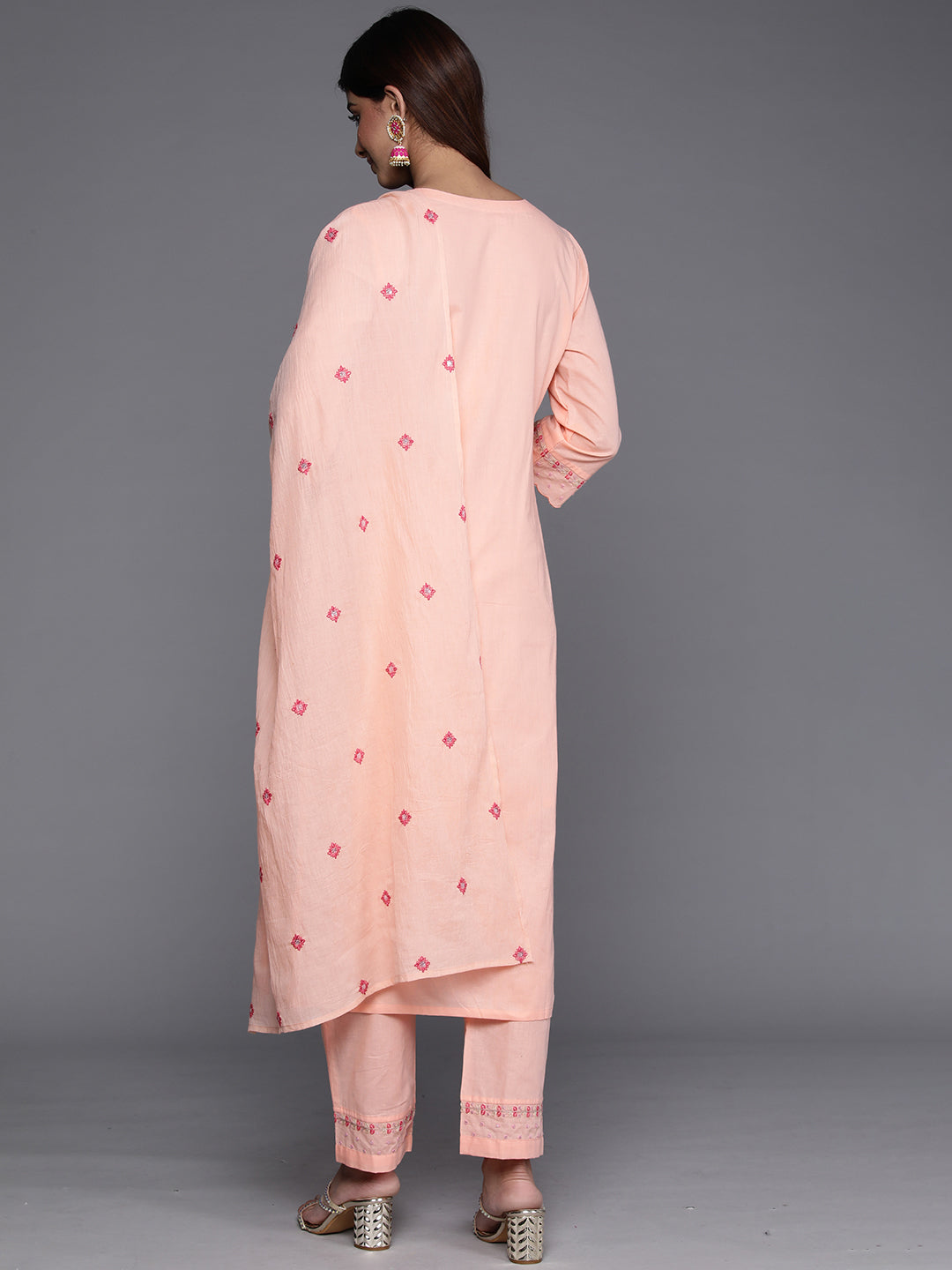 Dhiyona VR Women's Peach Thread And Sequins Embroidered Kurta With Tonal Bottom And Dupatta