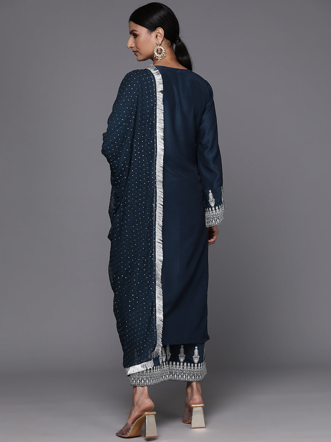 Dhiyona VR Women's Navy Blue Embroidered Straight Kurta Paired With Tonal Bottom And Dotted Dupatta With Four Sided Fringes