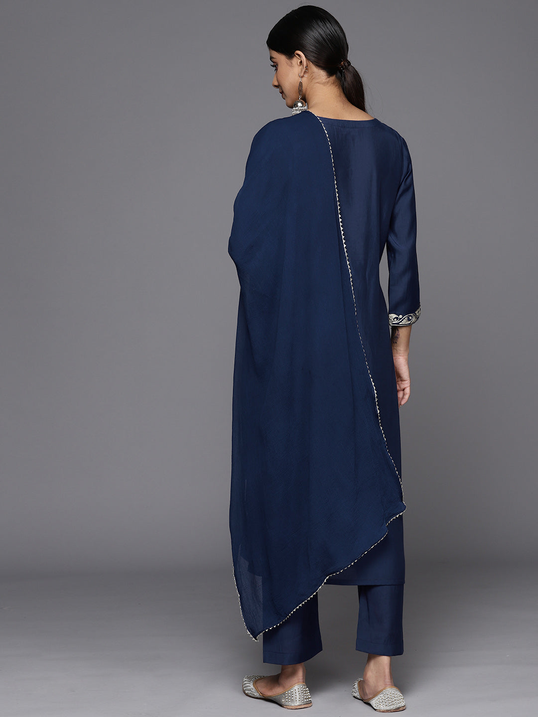 Dhiyona VR Women's Navy Blue Placement Design Zari Embroidered Kurta Paired With Tonal Bottom And Tonal Chiffon Dupatta