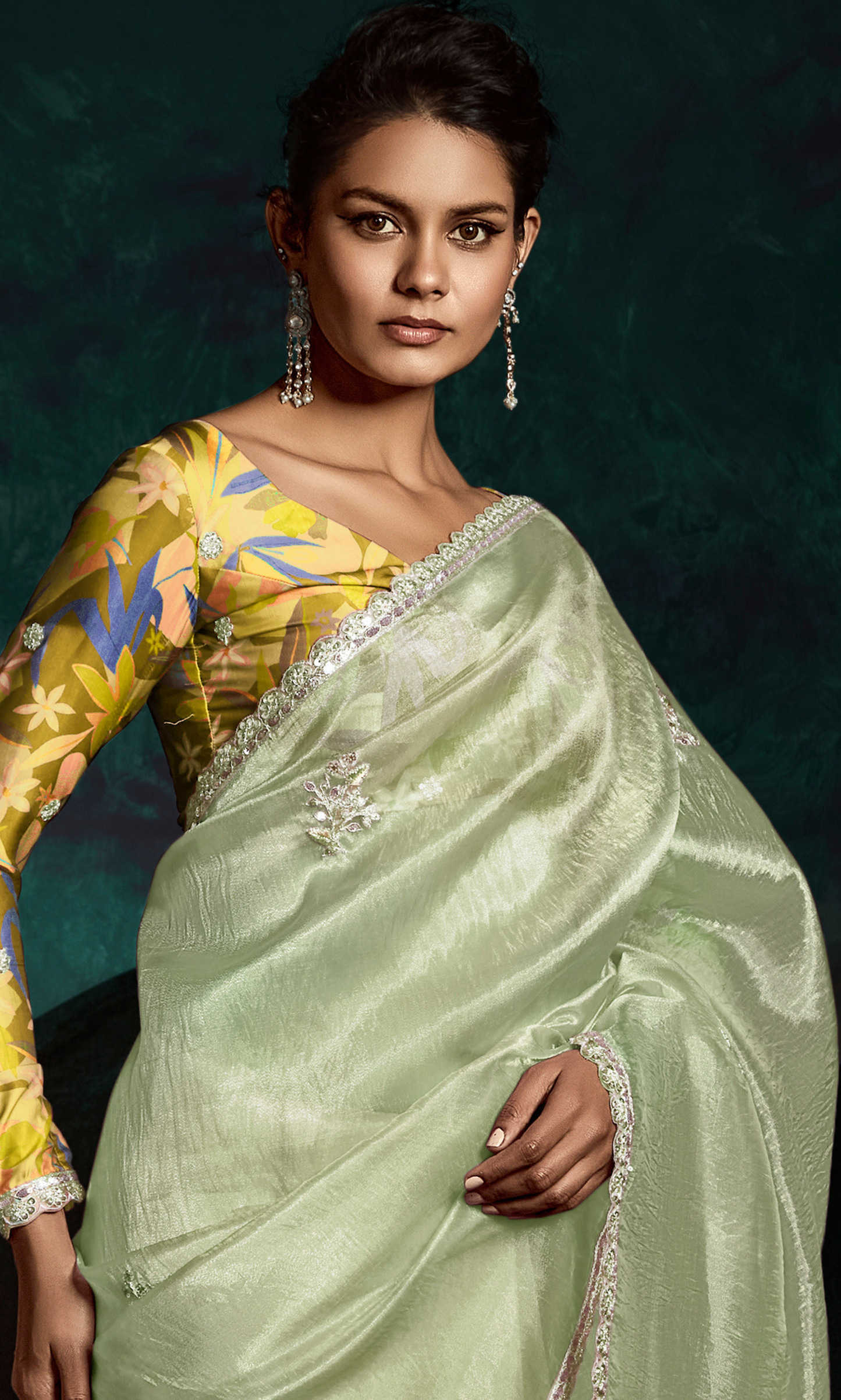 Dhiyona KM Women See Green Designer Organza Saree “ A Blush Of Elegance