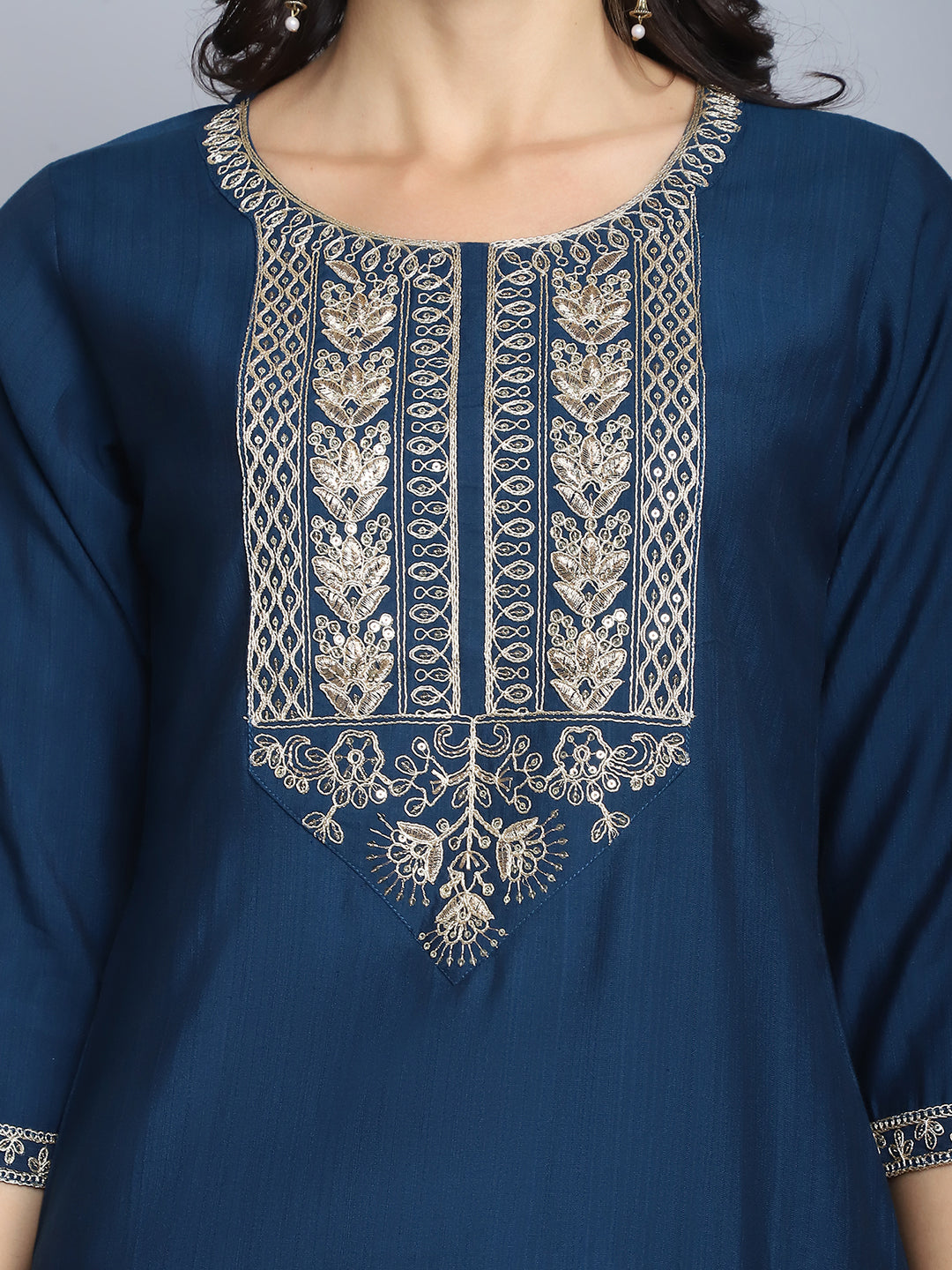 Women Navy Blue Embroidery silk Kurta And Pant Set With Dupatta