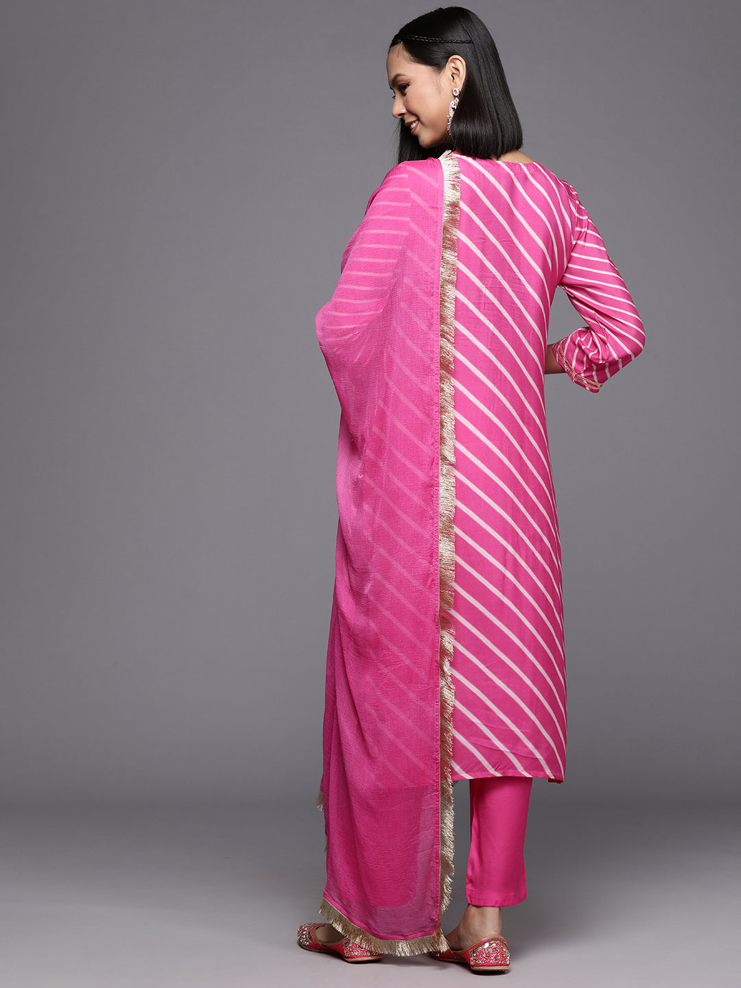 Dhiyona VR Women's Pink Pure Fabric, Lehariya Embroidered Straight Kurta Paired With Tonal Bottom And Dupatta