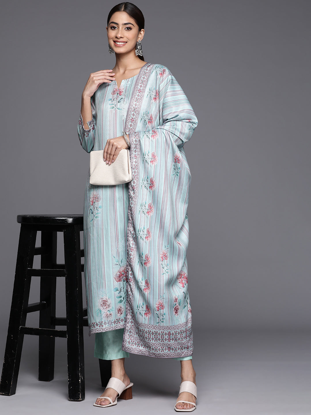 Dhiyona VR Women's Blue Stripe Printed Straight Kurta Paired With Tonal Bottom And Dupatta