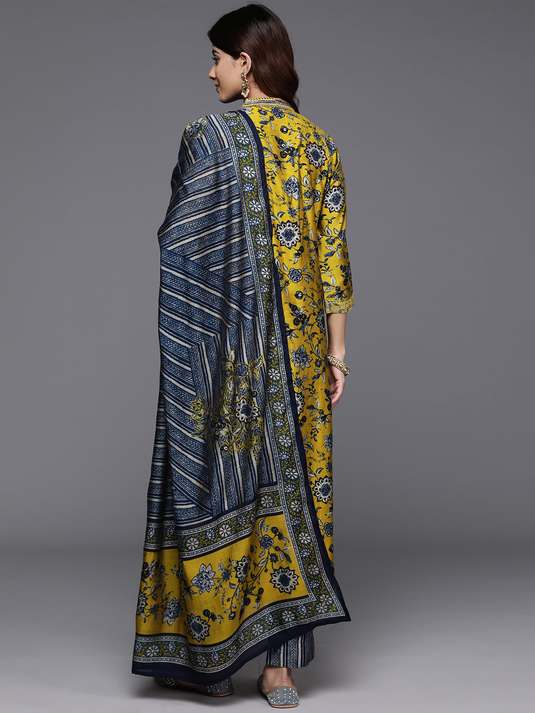Dhiyona VR Women's Mustard Floral Printed Embellished Kurta With Bottom And Dupatta