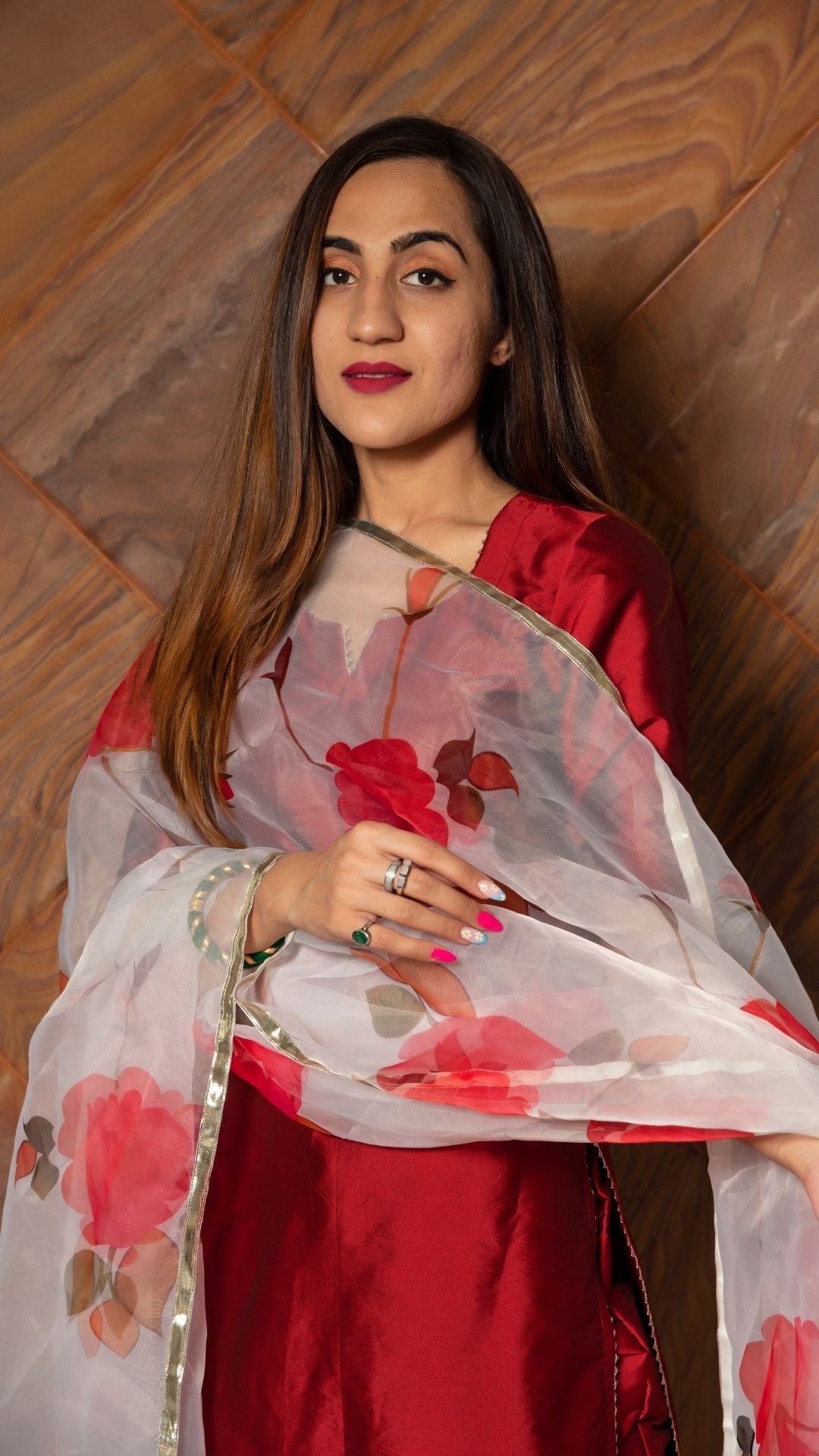Maroon Phool Taffeta Silk Suit With Digital Print Organza Dupatta Set