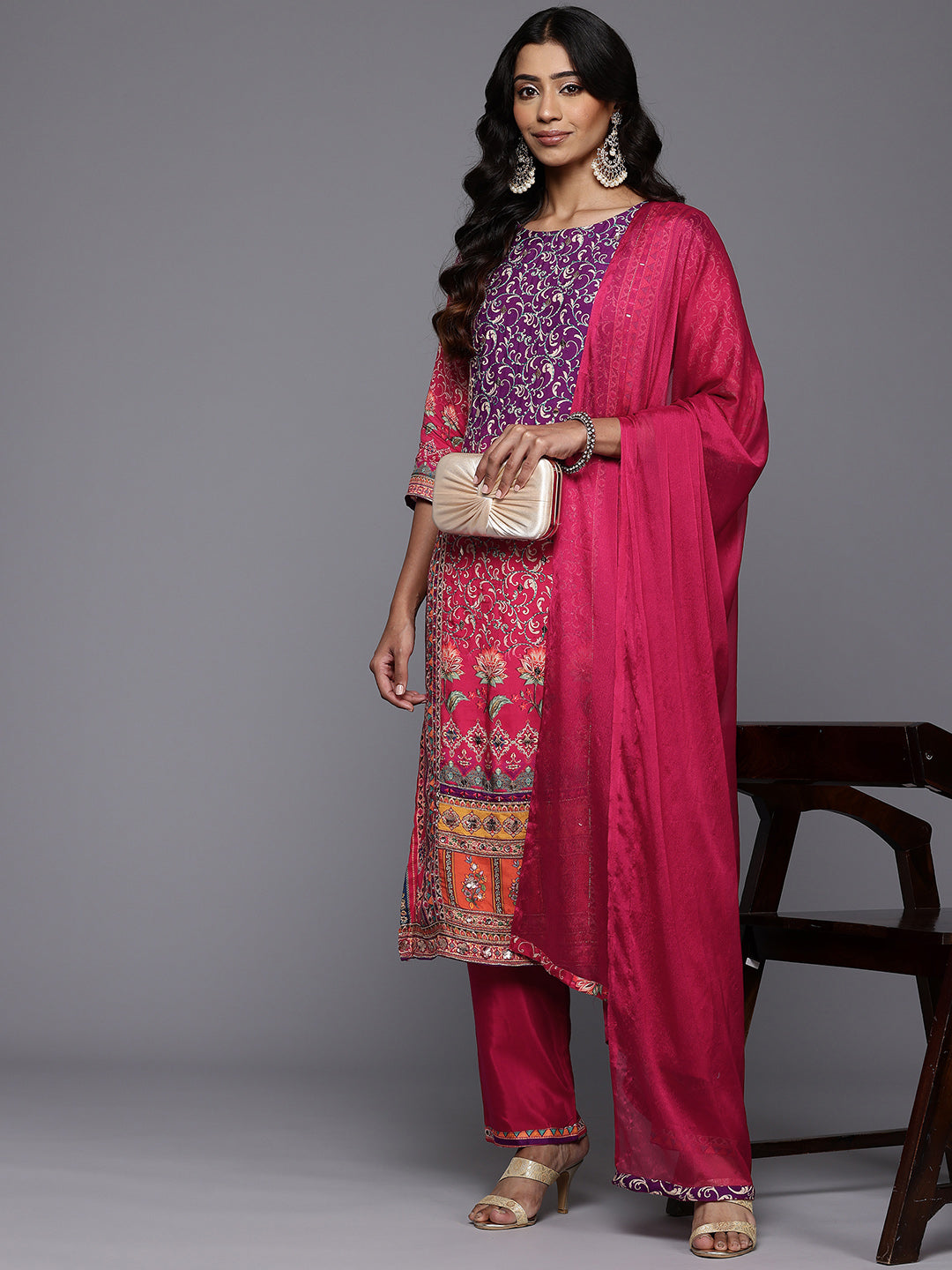 Dhiyona VR Women's Purple And Pink Thread And Gotta Work Straight Kurta With Trousers And Dupatta