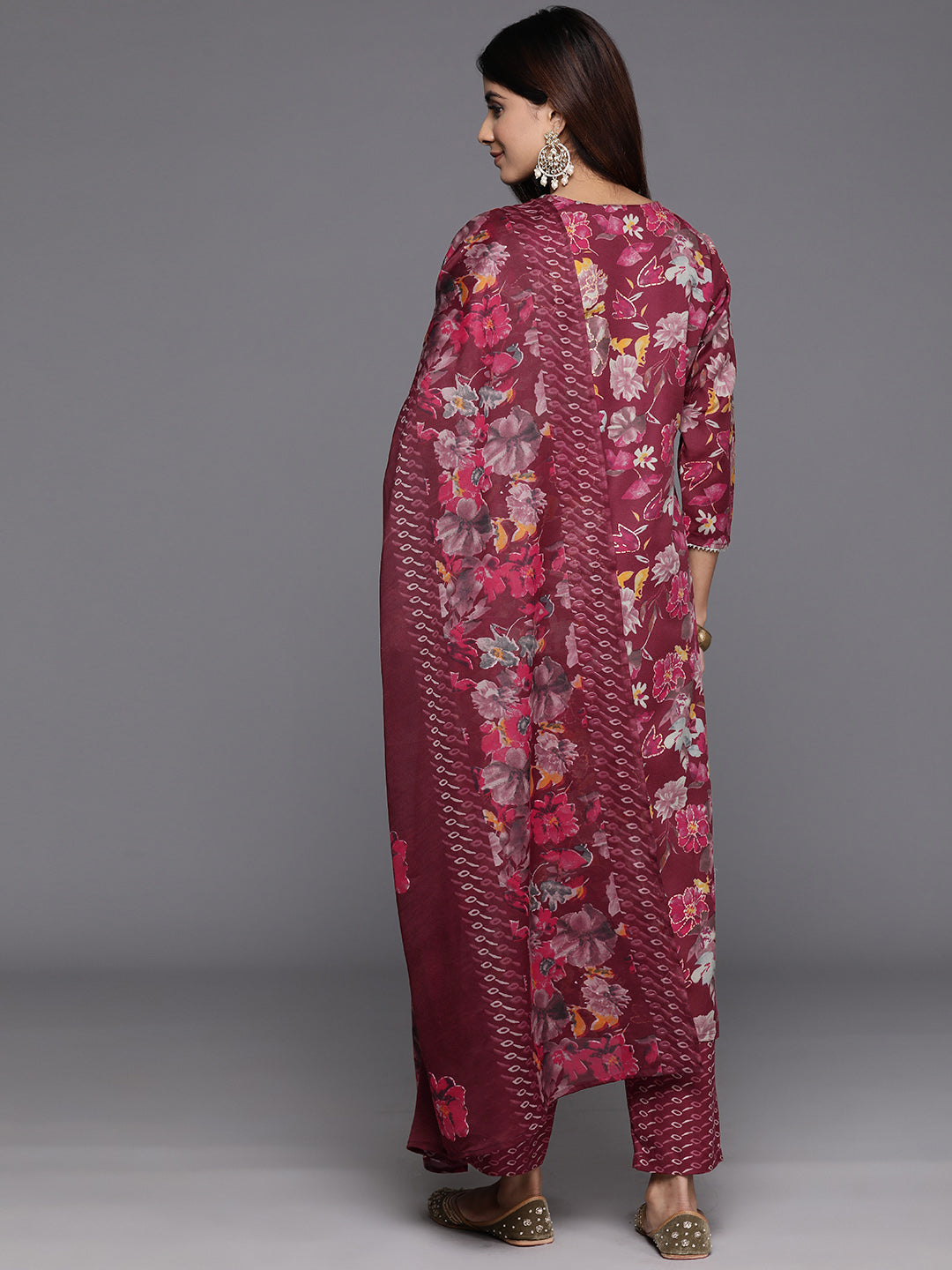 Dhiyona VR Women's Maroon Floral Printed Embroidered Kurta Paired With Bottom And Dupatta