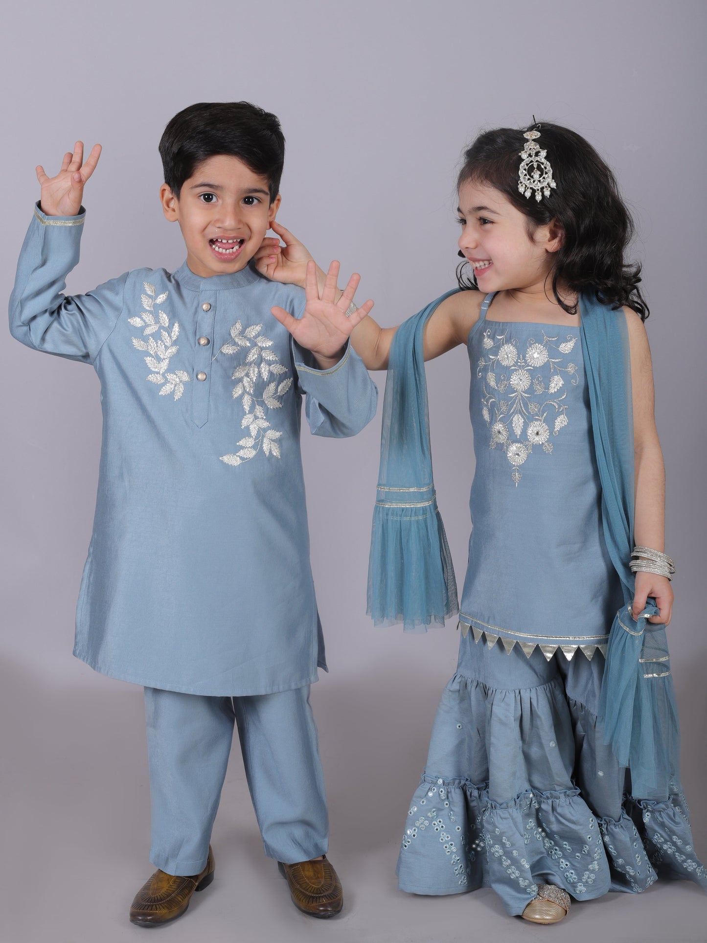 Zarqa Girls Blue Kurta with Sharara and dupatta set