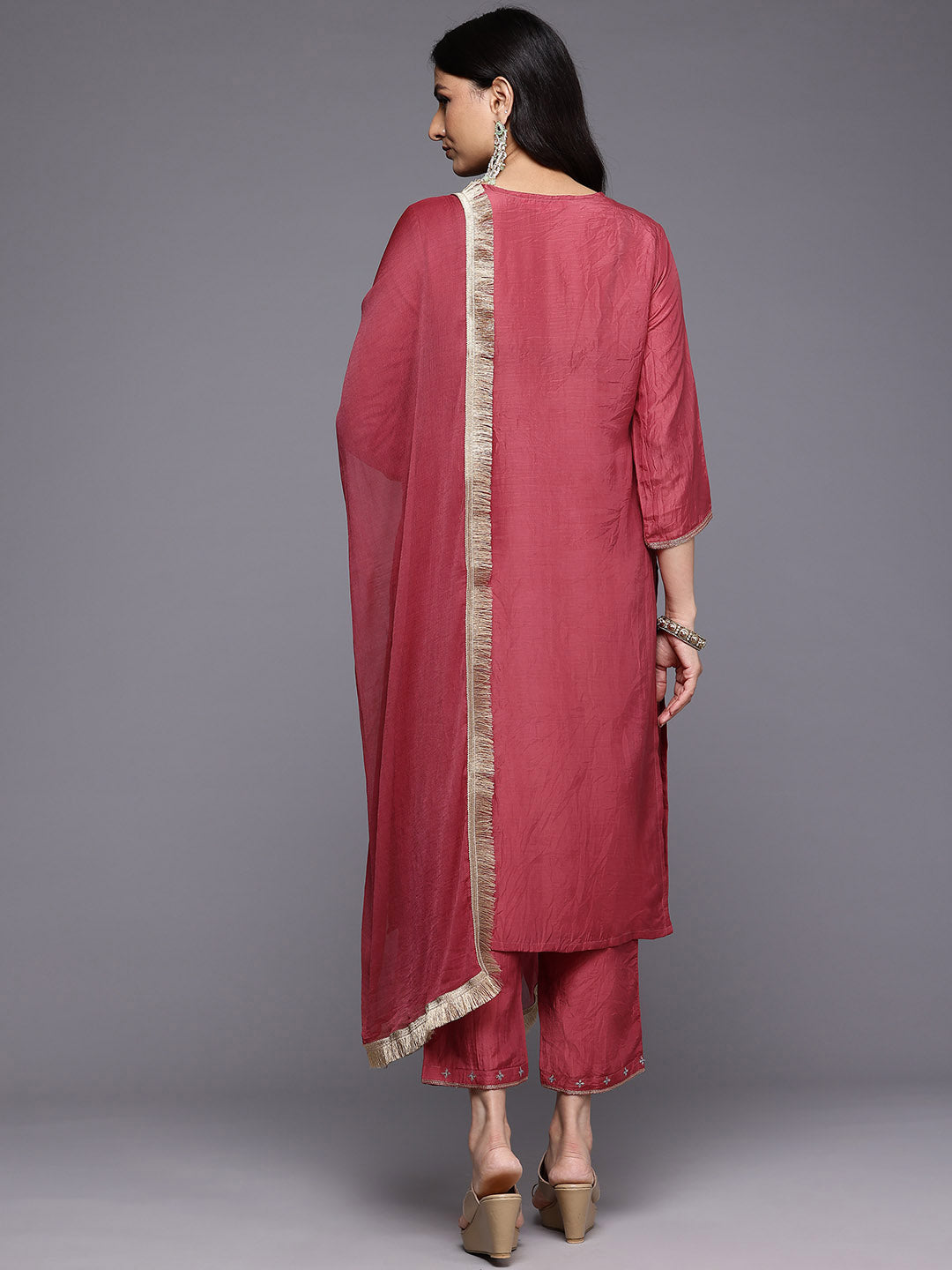 Dhiyona VR Women's Maroon Thread And Zari Embroidered Sequins Embellished Kurta Set With Dupatta