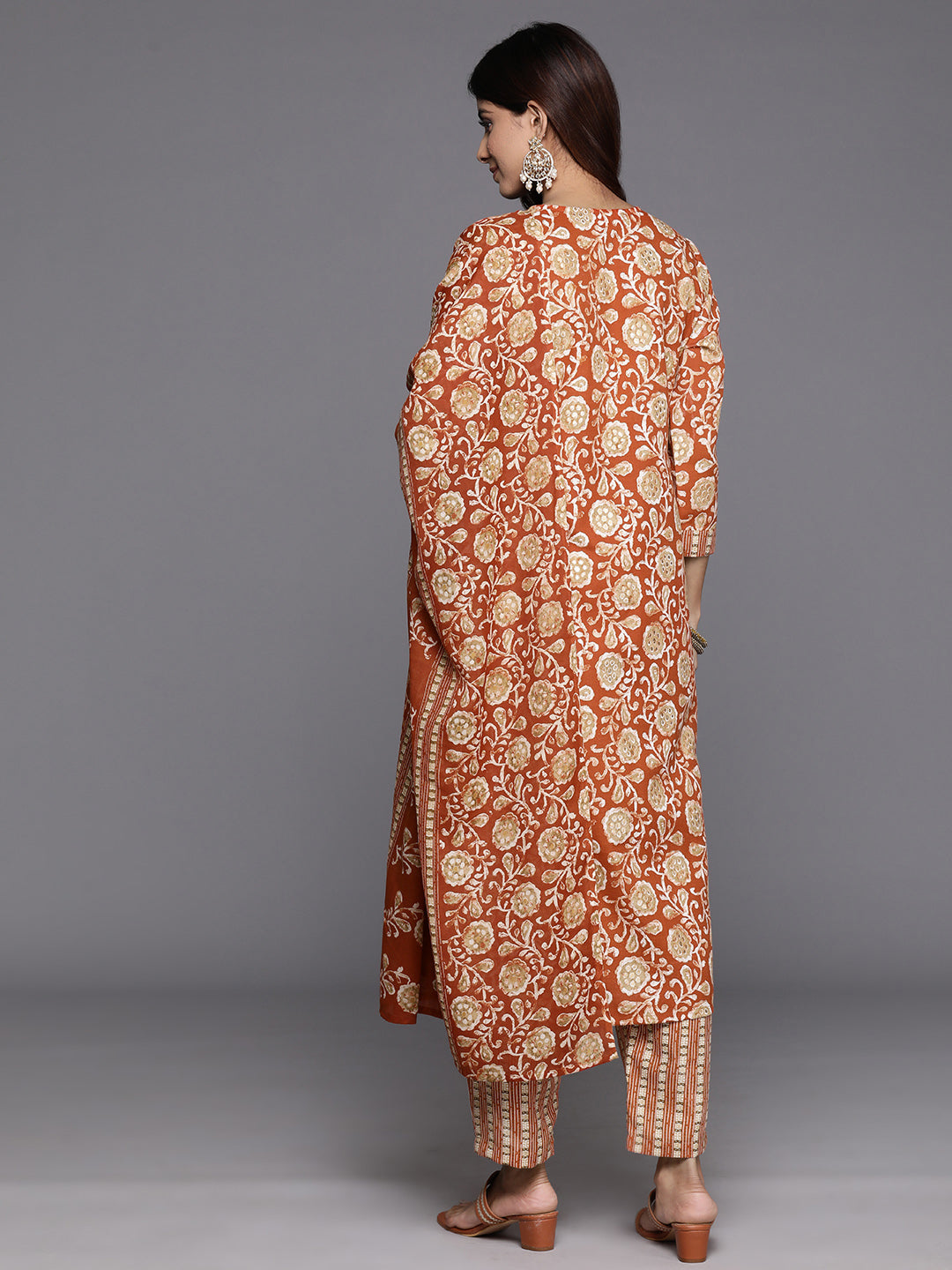 Dhiyona VR Women's Rust Floral Printed Kurta Paired With Bottom & Dupatta