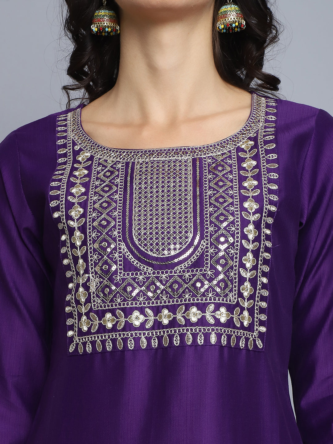 Women Purple Embroidery silk Kurta And Pant Set With Dupatta