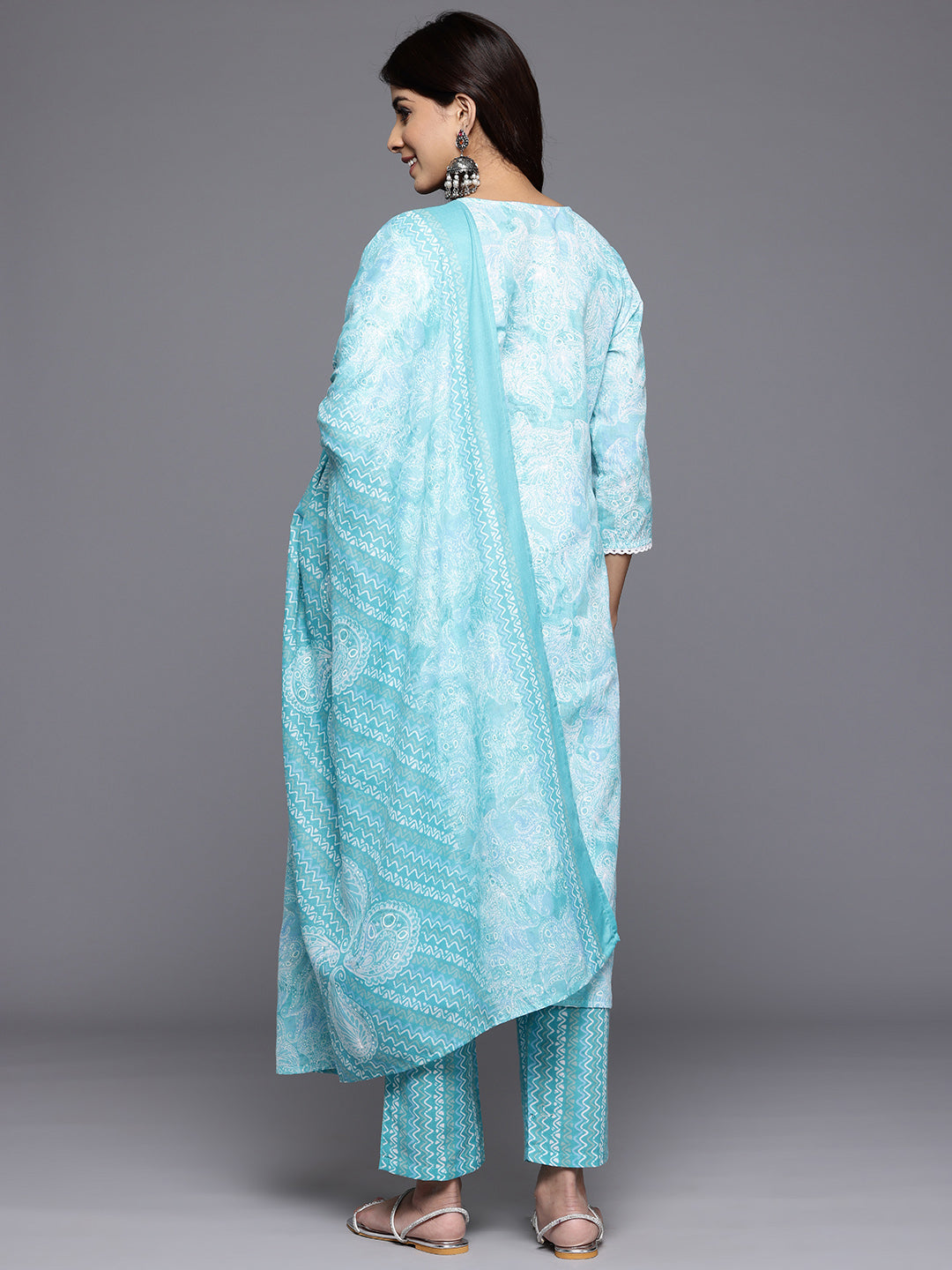 Dhiyona VR Women's Blue Printed Round Neck Yoke Embroidered Straight Kurta With Bottom And Dupatta