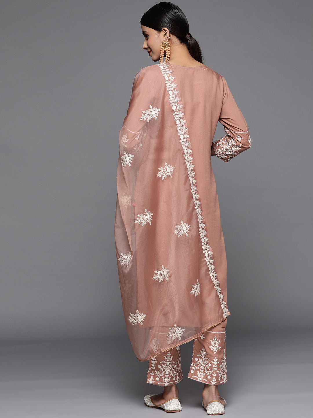 Dhiyona VR Women's Mauve Embroidered Kurta Paired With Tonal Trouser And Dupatta