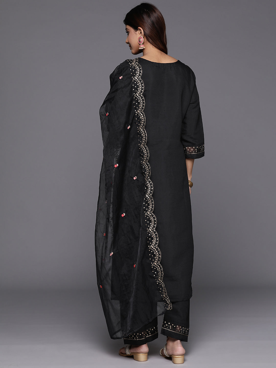 Dhiyona VR Women's Black Thread And Sequins Embroidered Kurta With Bottom And Dupatta