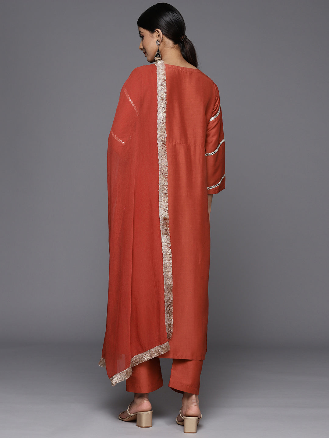 Dhiyona VR Women's Rust Mirror Work Yoke Embroidered Straight Kurta Paired With Tonal Bottom And Tonal Solid Dupatta With Four Side Fringes