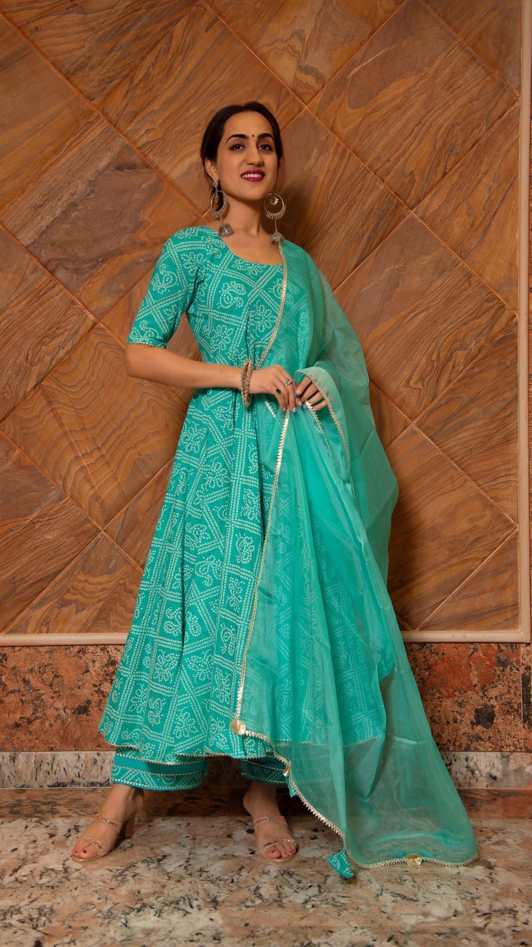 Bandhej Tiffany Blue Cotton Anarkali Set
