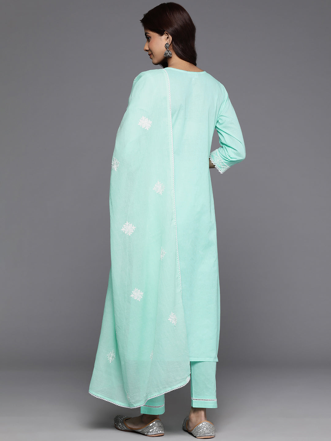 Dhiyona VR Women's Sea Green Thread Embroidered Straight Kurta With Bottom And Dupatta