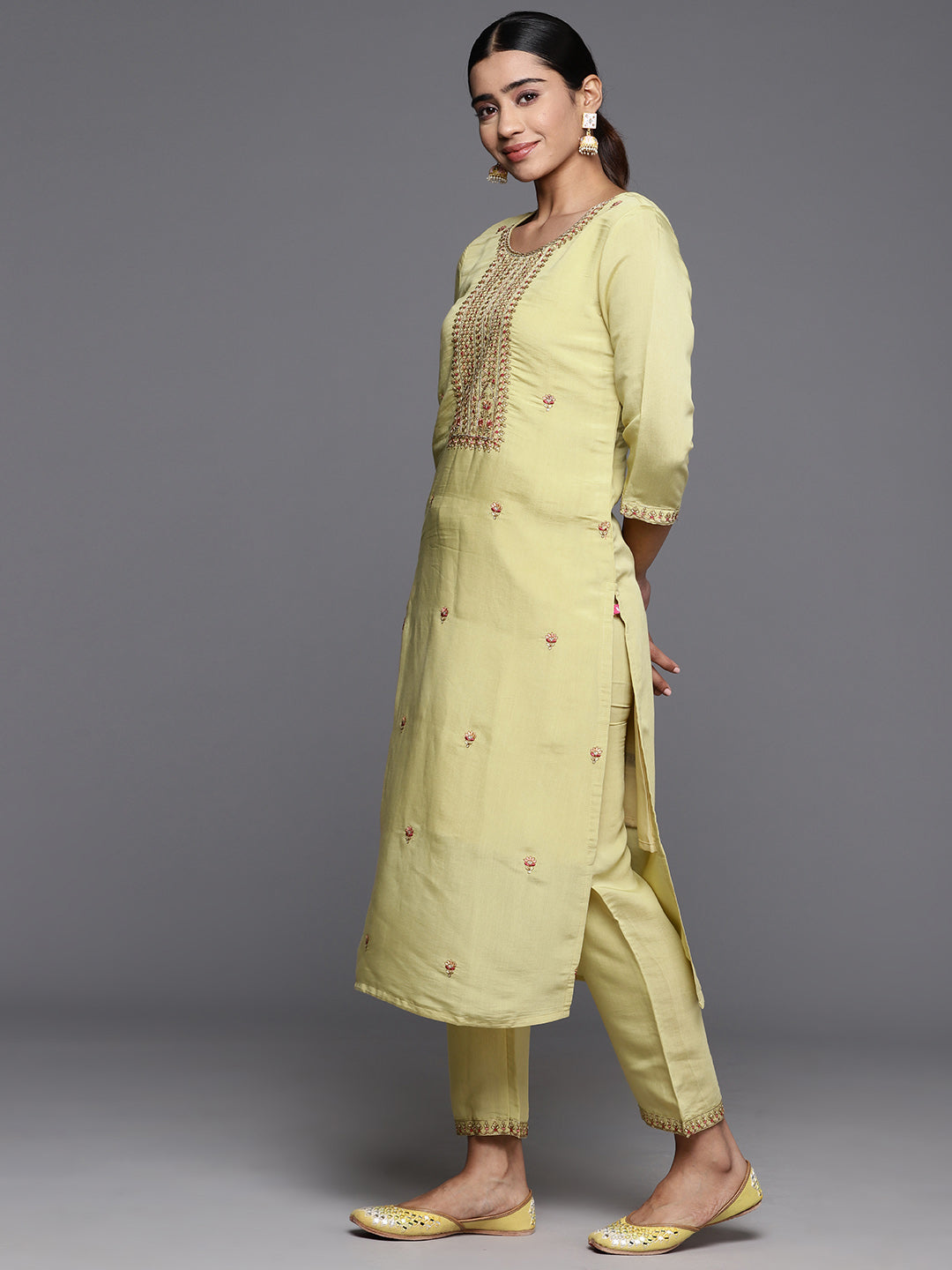 Dhiyona VR Women's Beige Embroidered Straight Kurta Paired With Tonal Embroidered Bottom And Embroidered Dupatta