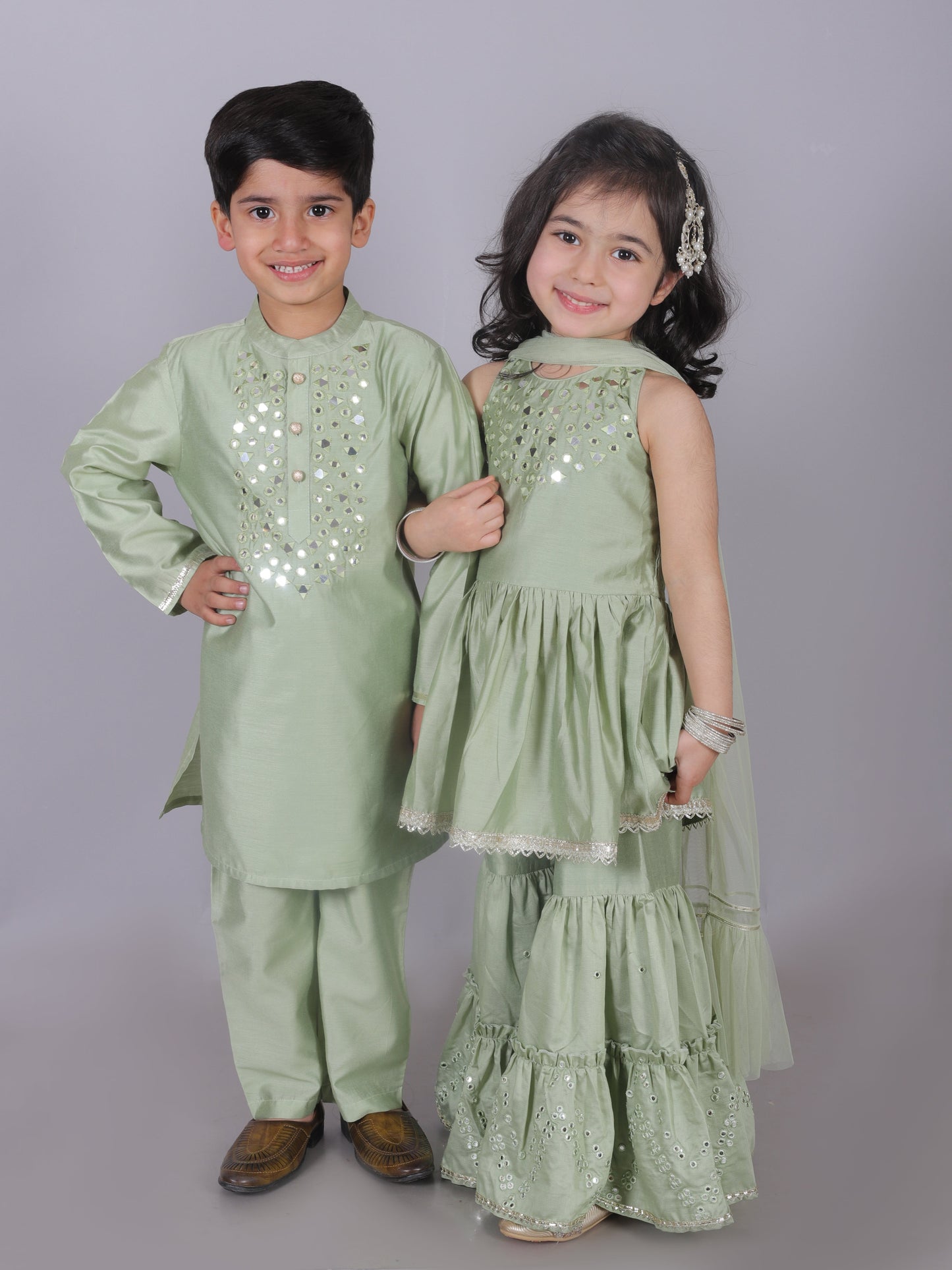 Zarqa Girls Green Kurta with Sharara and dupatta set