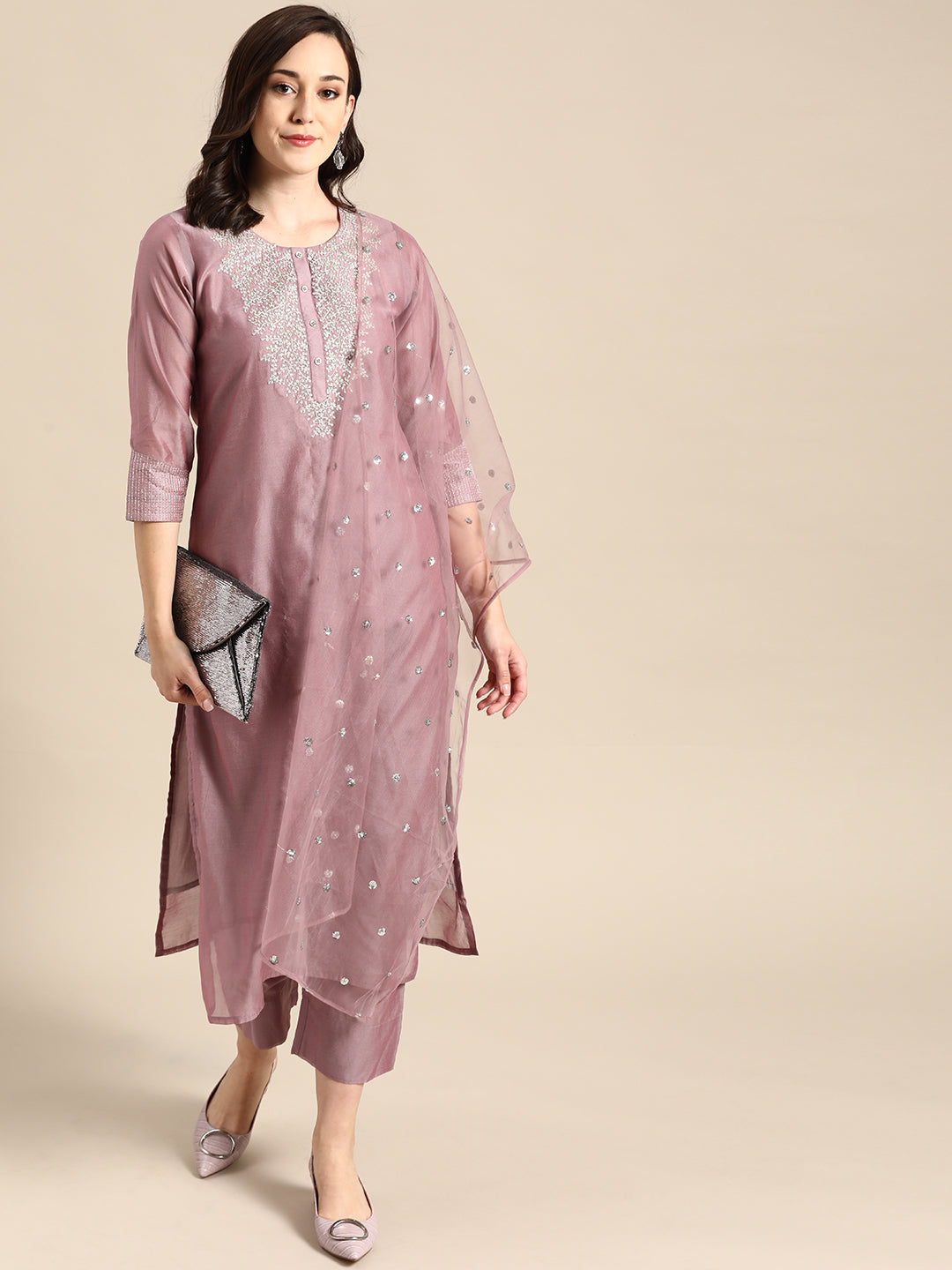 Dhiyona VR Women's Mauve Floral Embroidered Regular Chanderi Silk Kurta With Trousers & With Dupatta