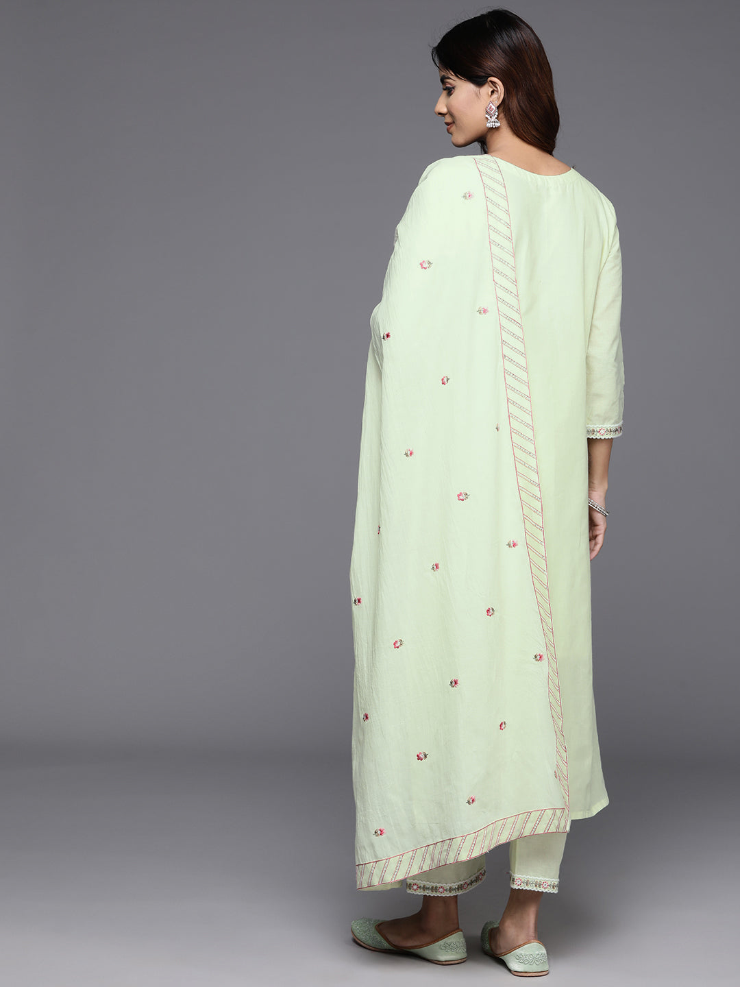 Dhiyona VR Women's Green Thread And Sequins Embroidered Kurta With Tonal Bottom And Dupatta