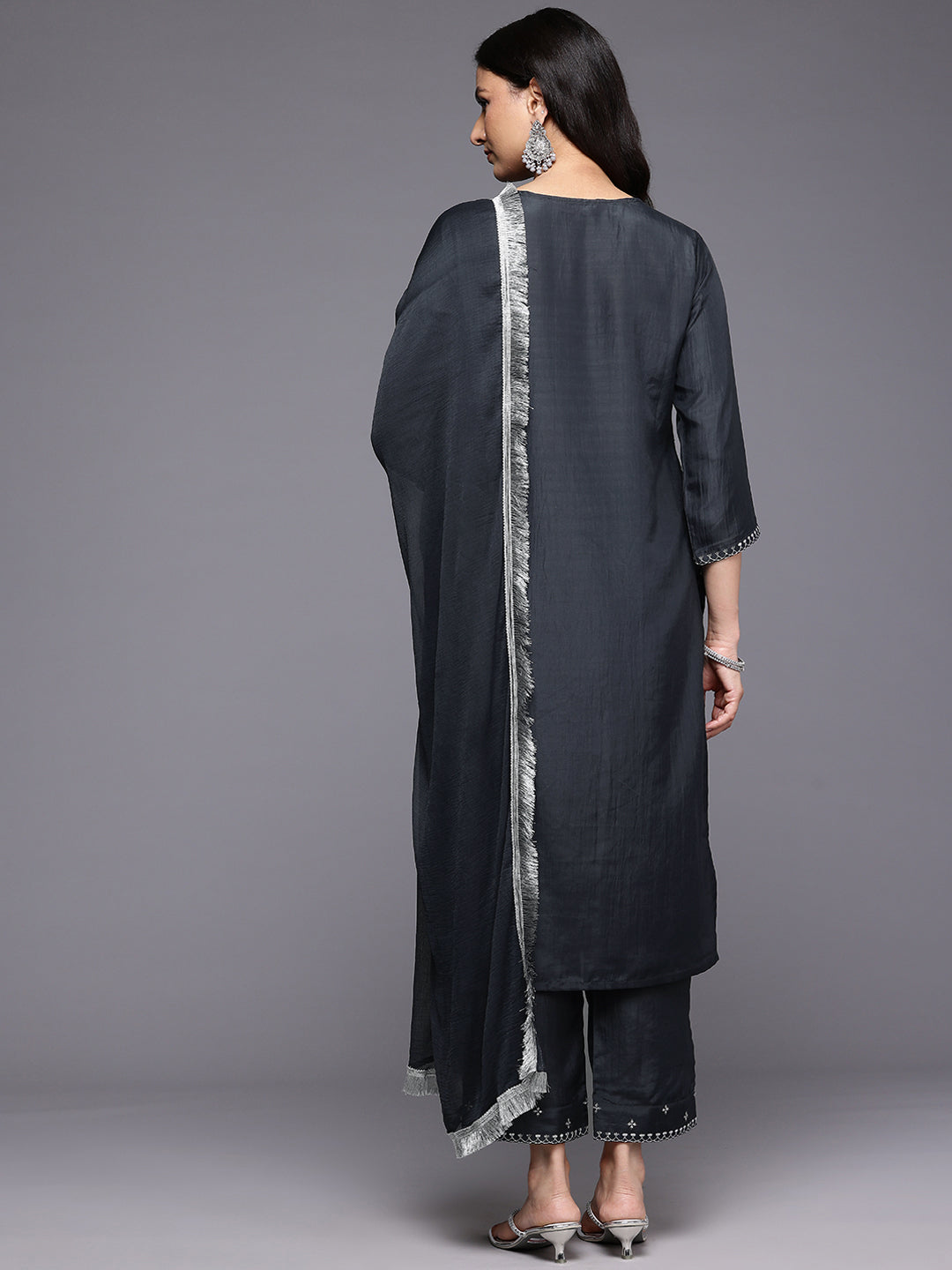 Dhiyona VR Women's Grey Silk Thread And Zari Embroidered , Sequins Embellished Kurta Paired With Bottom And Dupatta