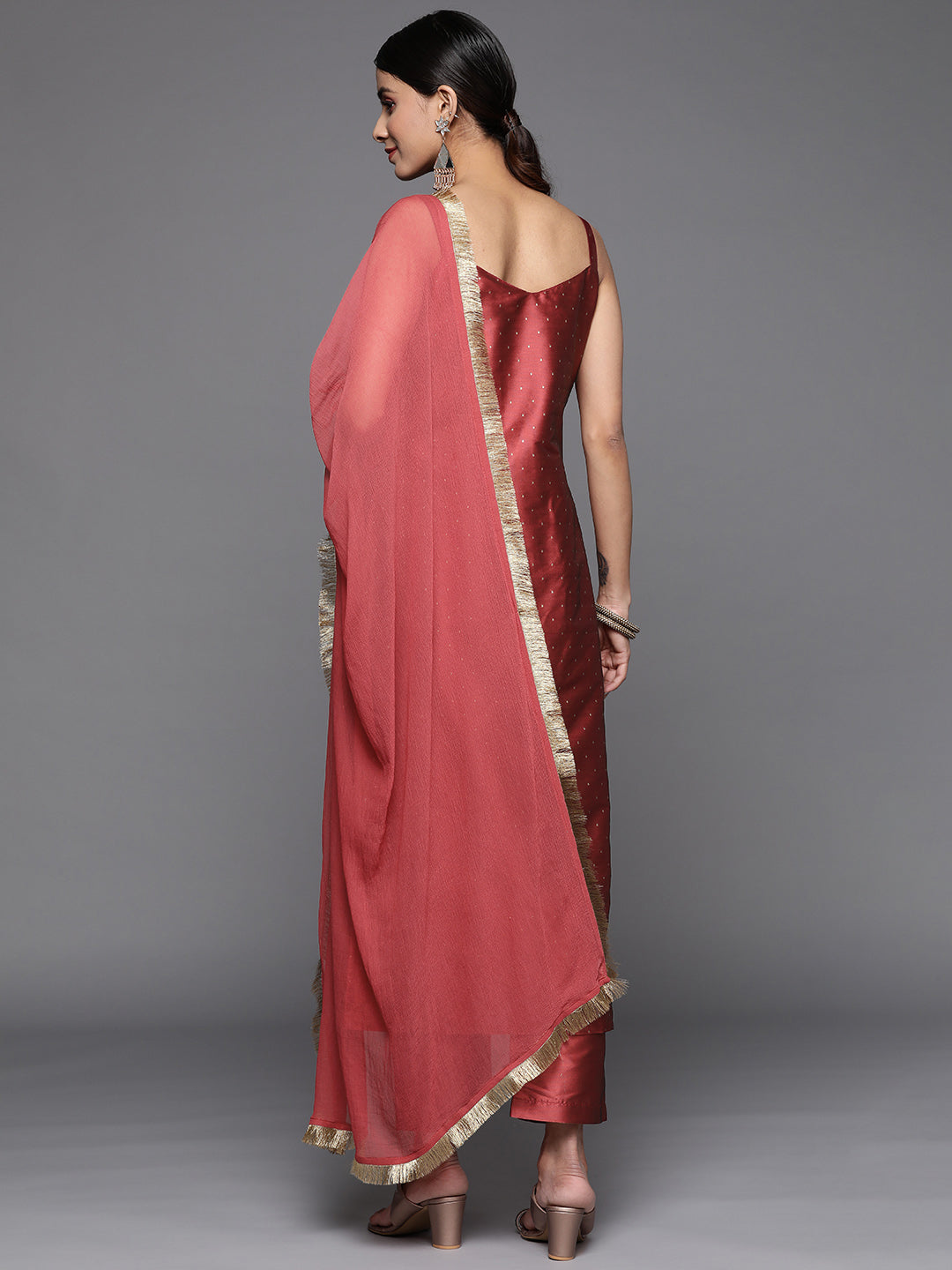 Dhiyona VR Women's Burgundy Strap Kurta With Tonal Bottom And Tonal Dupatta