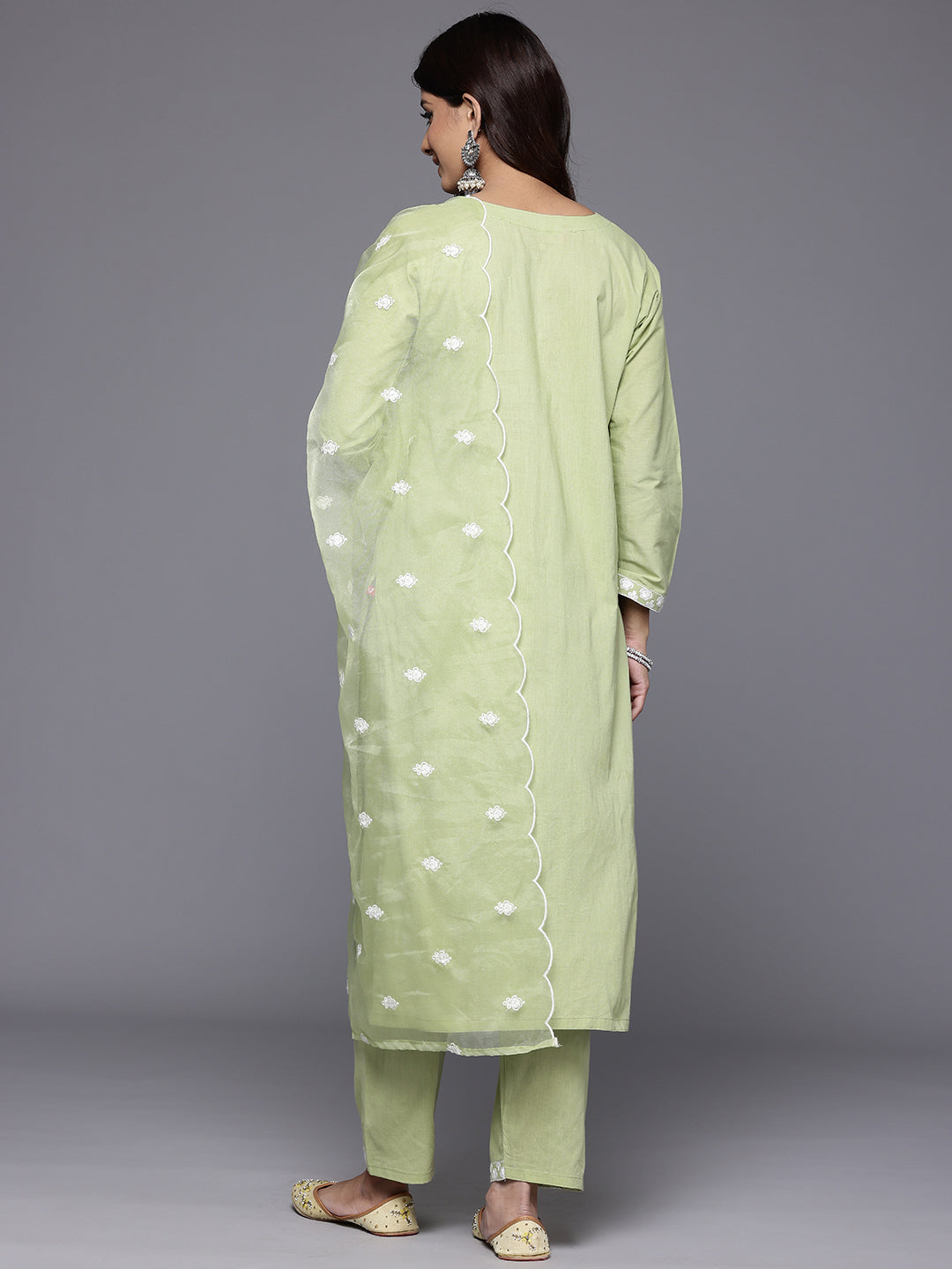 Dhiyona VR Women's Sea Green Round Neck Heavy Thread Embroidered Kurta With Bottom & Dupatta