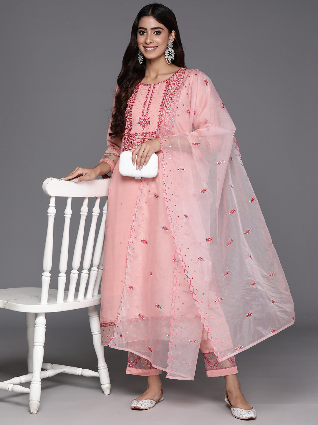 Dhiyona VR Women's Peach Embroidered Straight Kurta Paired With Tonal Bottom And Organza Embroidered Dupatta