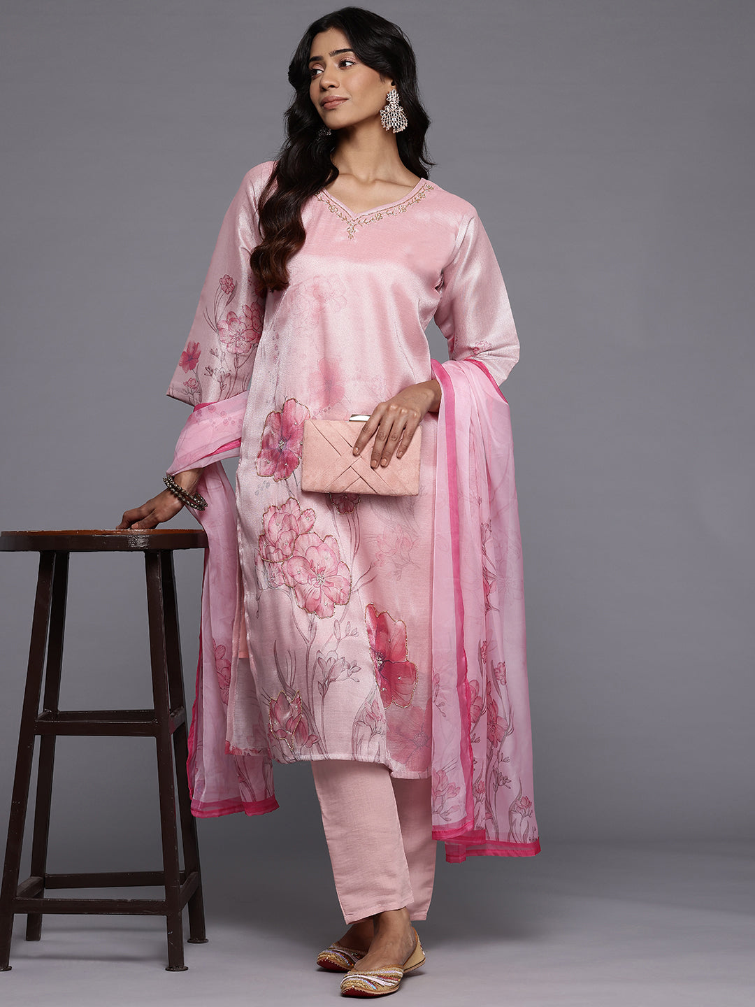Dhiyona VR Women's Pink Silk Floral Printed Beads And Stones Embellished Kurta Set With Dupatta
