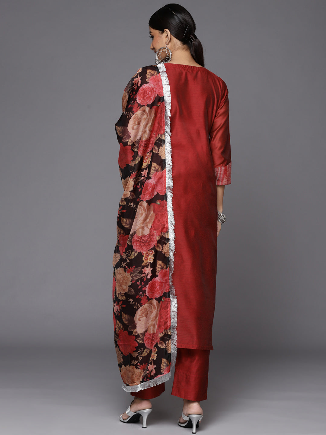Dhiyona VR Women's Red Embroidered Kurta With Tonal Trouser And Printed Dupattta