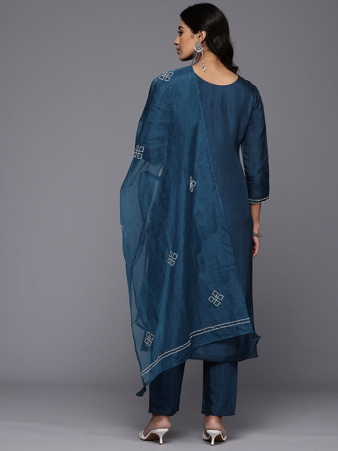 Dhiyona VR Women's Navy Blue Hand Embroidered Straight Kurta With Trousers And Embroidered Dupatta