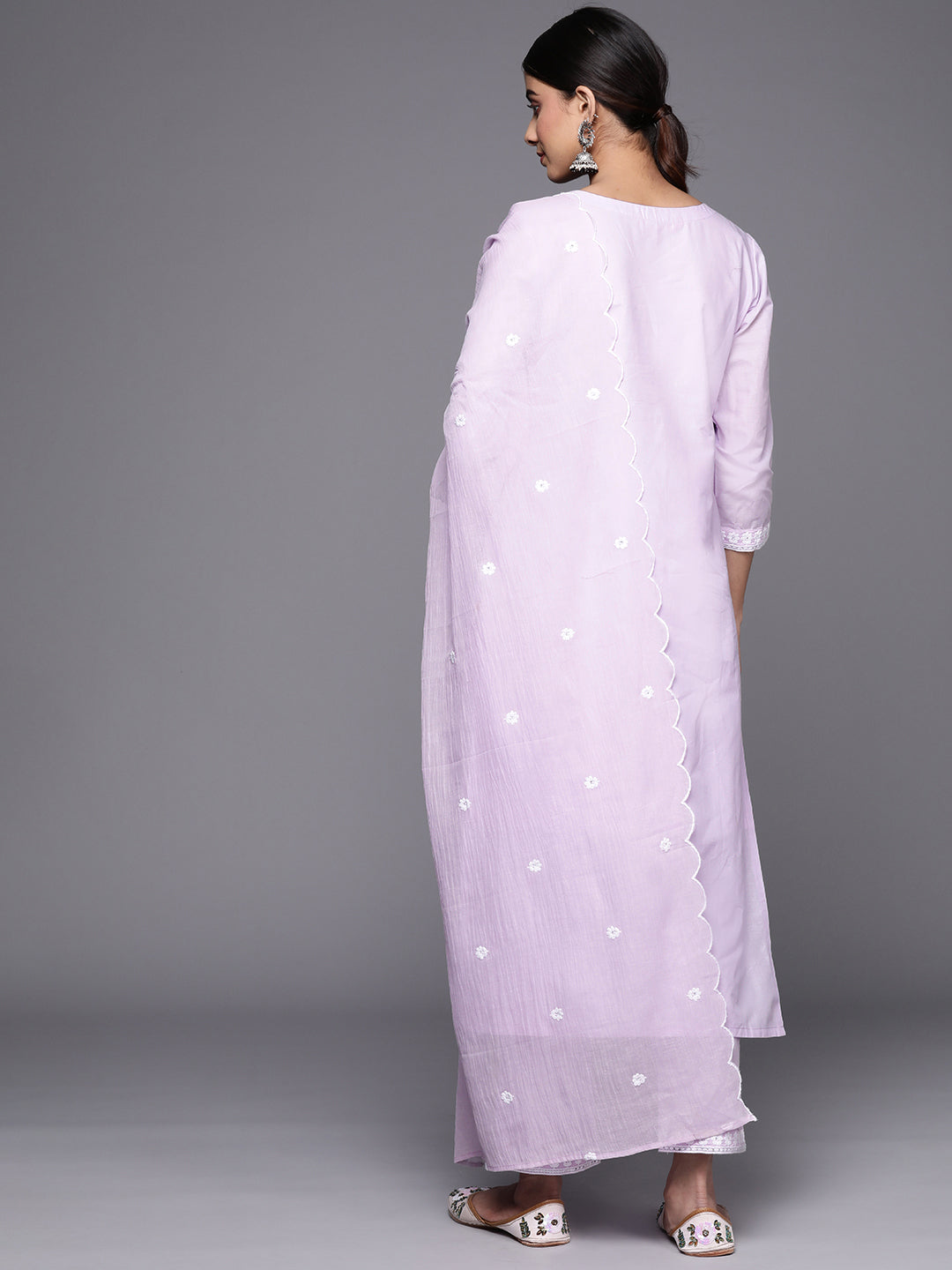 Dhiyona VR Women's Lavender Embroidered A-Line Empire Kurta Paired With Tonal Bottom And Tonal Embroidered Dupatta