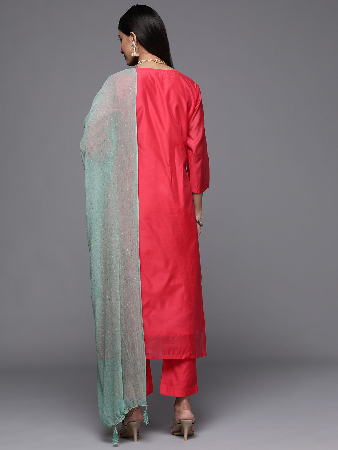 Dhiyona VR Women's Pink Embroidered Kurta Paired With Straight Tonal Bottom And Contrast Dupatta