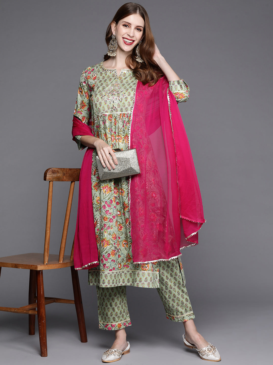 Dhiyona VR Women's Floral Printed Embroidered Kurta With Straight Pant And Chiffon Dupatta