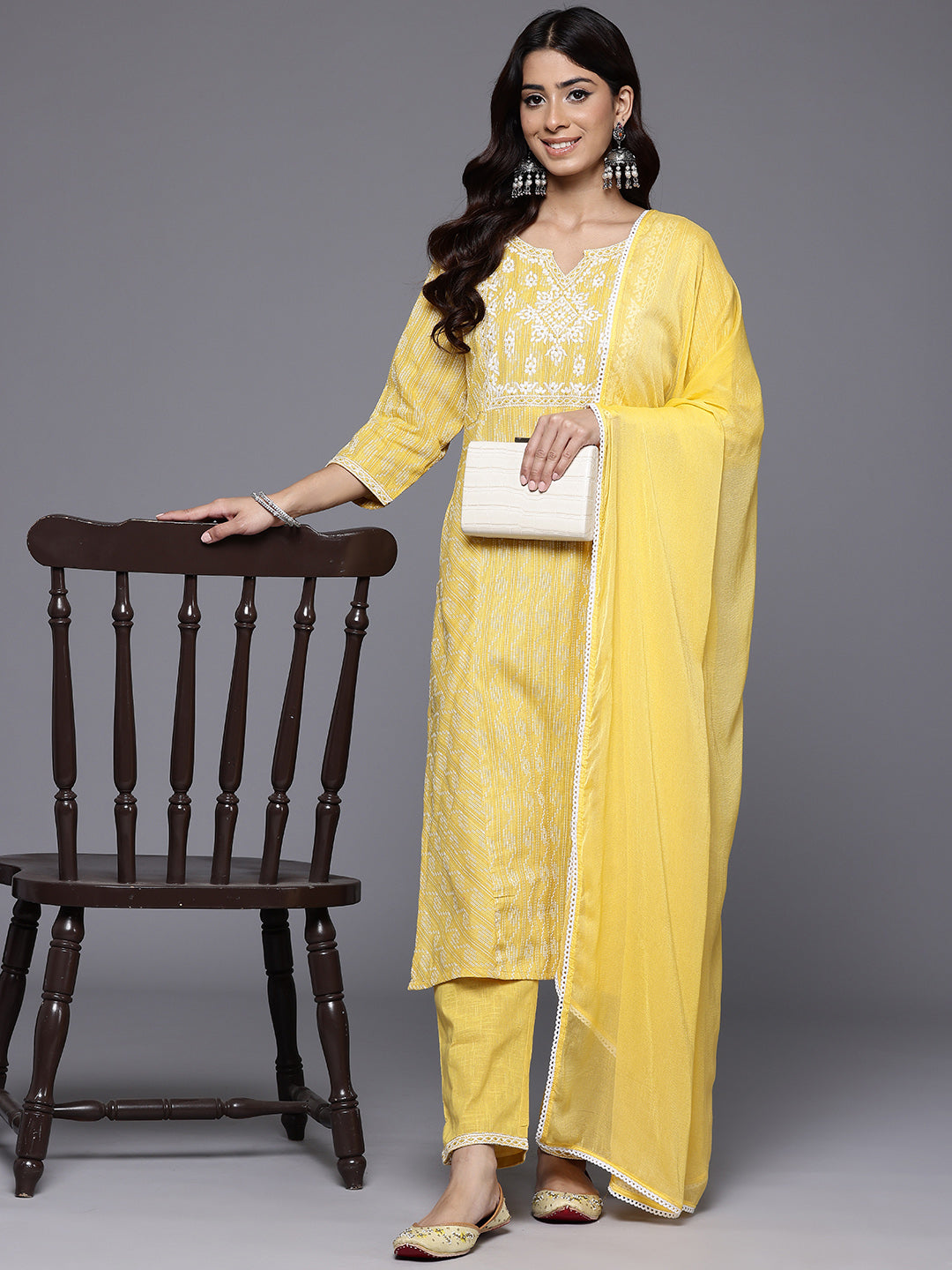 Dhiyona VR Women's Mustard Woven Design Round Neck, Three Quarter Sleeves Paired With Tonal Bottom And Dupatta