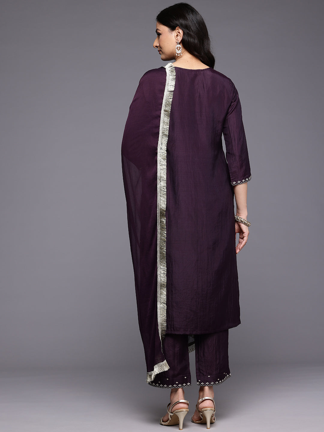 Dhiyona VR Women's Purple Thread Embroidered Sequins Embellished Straight Kurta Paired With Bottom And Dupatta