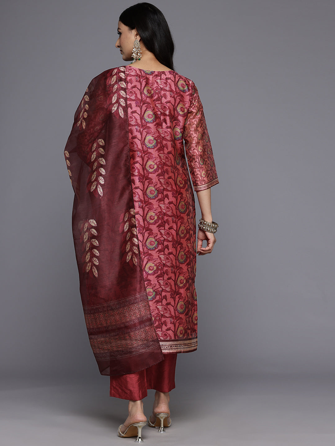Dhiyona VR Women's Maroon Floral Printed Kurta, Round Neck Straight Kurta Paired With Tonal Bottom And Printed Dupatta