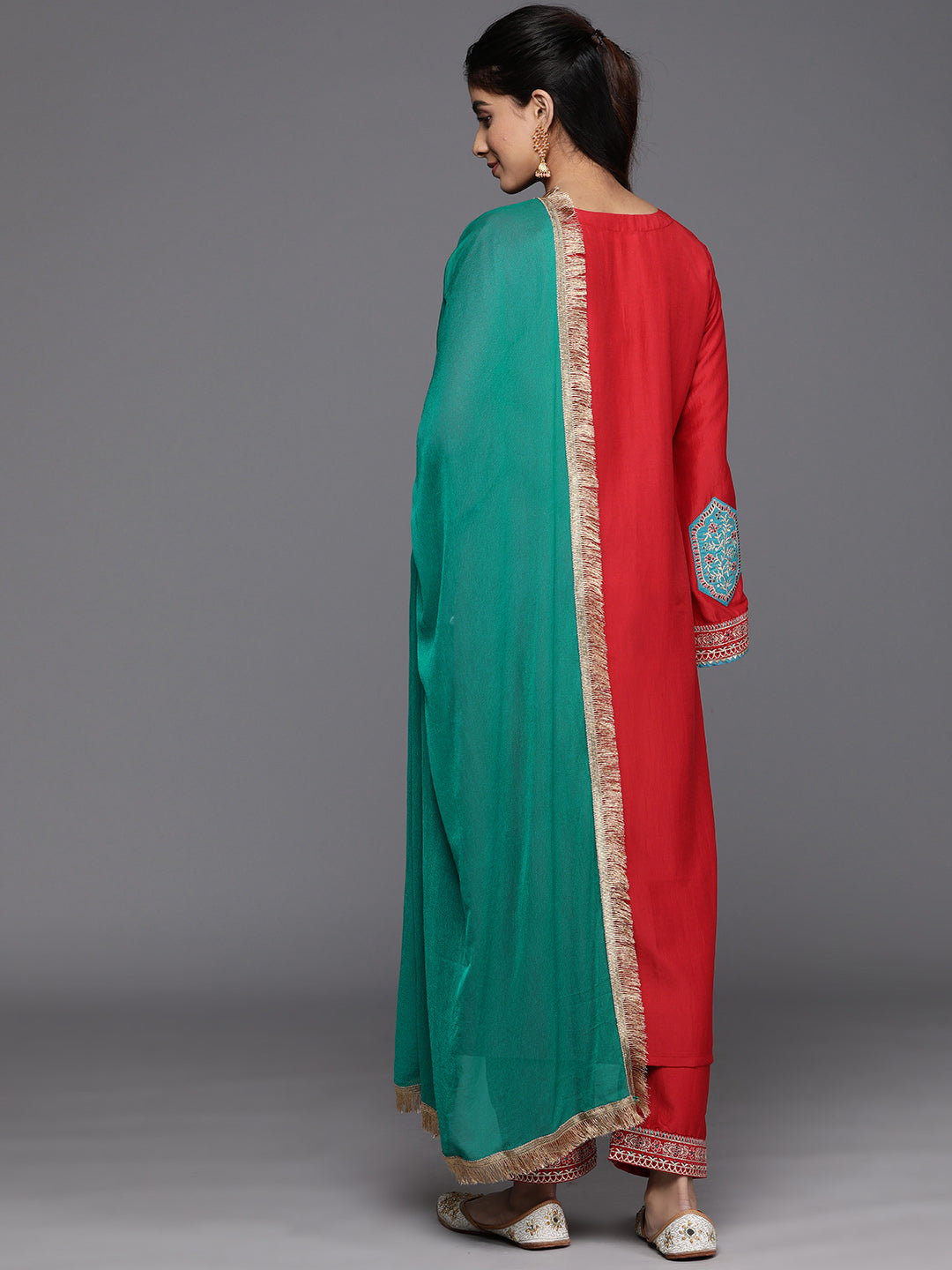 Dhiyona VR Women's Red Embroidered Straight Kurta Paired With Tonal Bottom And Contrast Dupatta With Four Sided Fringes